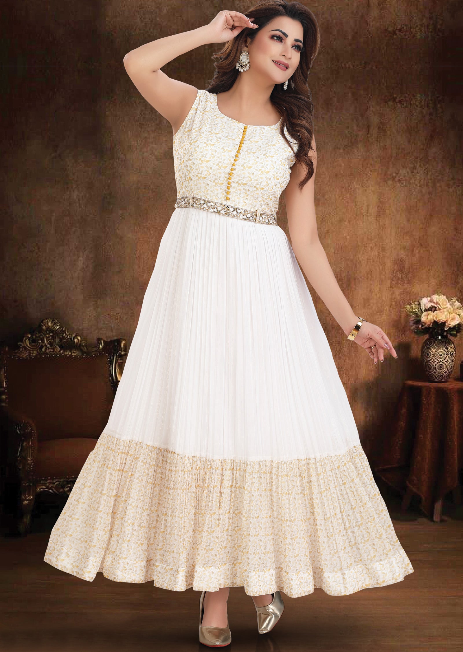 Off White Chiffon Kurti Full Length