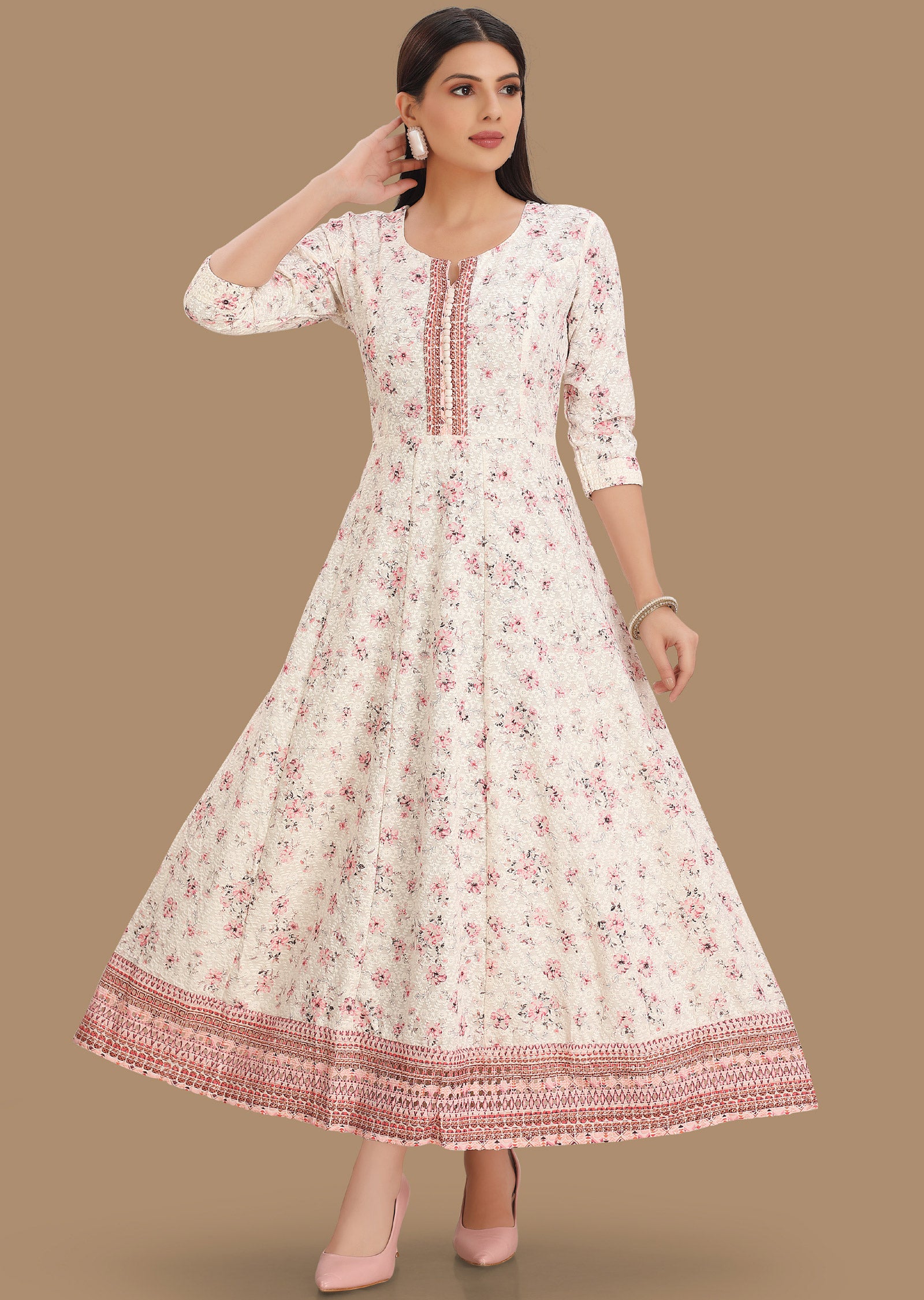 Off White Chicken Reyon Kurti Full Length