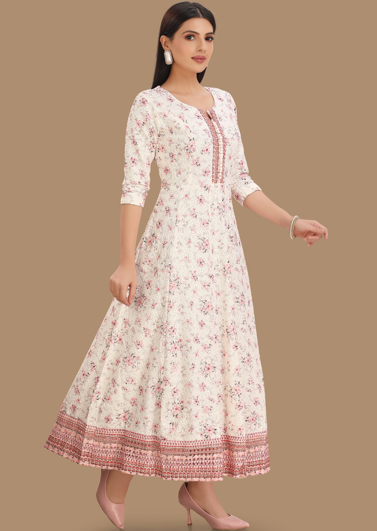 Off White Chicken Reyon Kurti Full Length