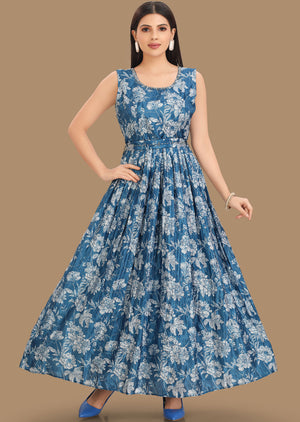 Blue Chinnon Kurti Full Length