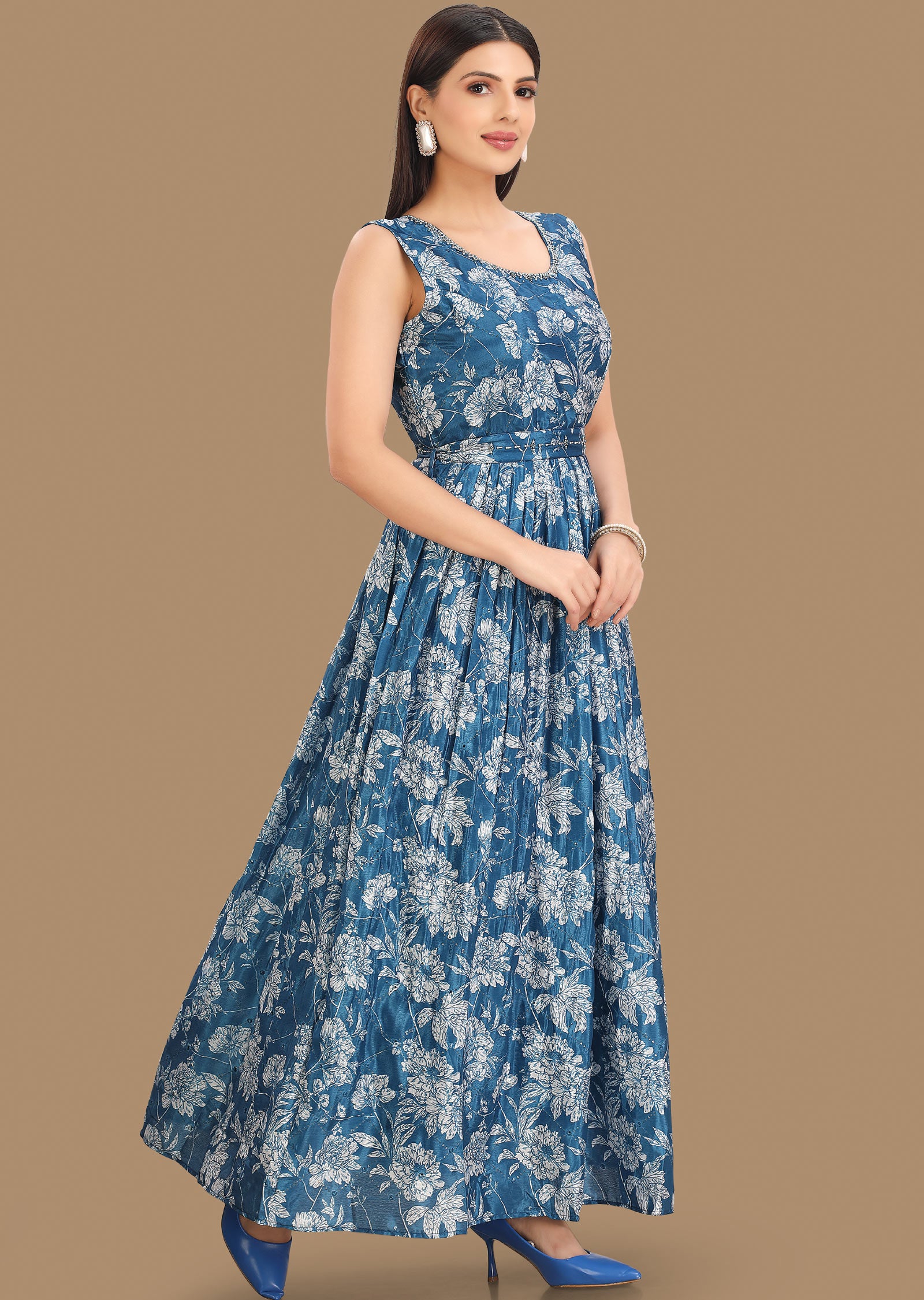 Blue Chinnon Kurti Full Length