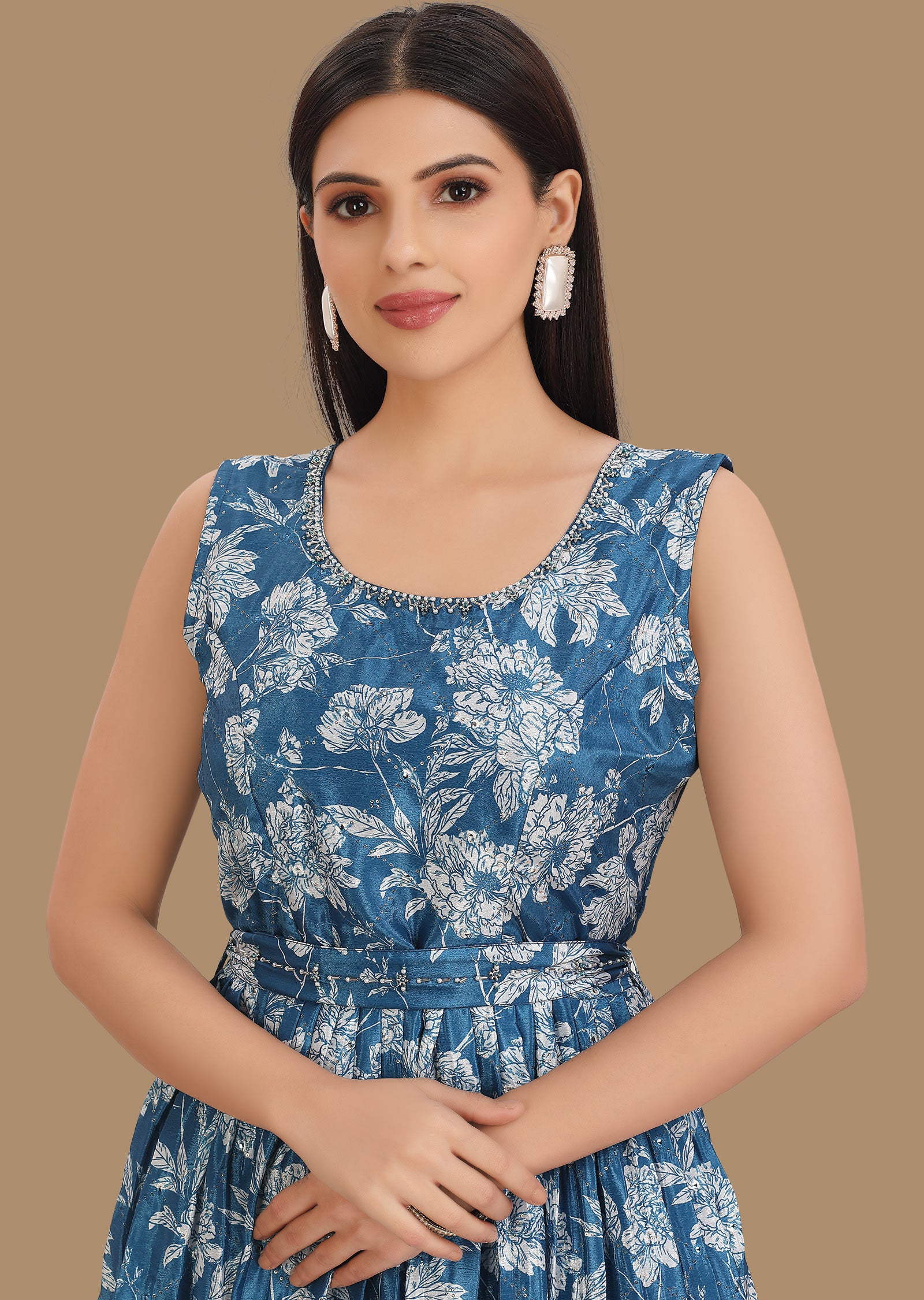 Blue Chinnon Kurti Full Length