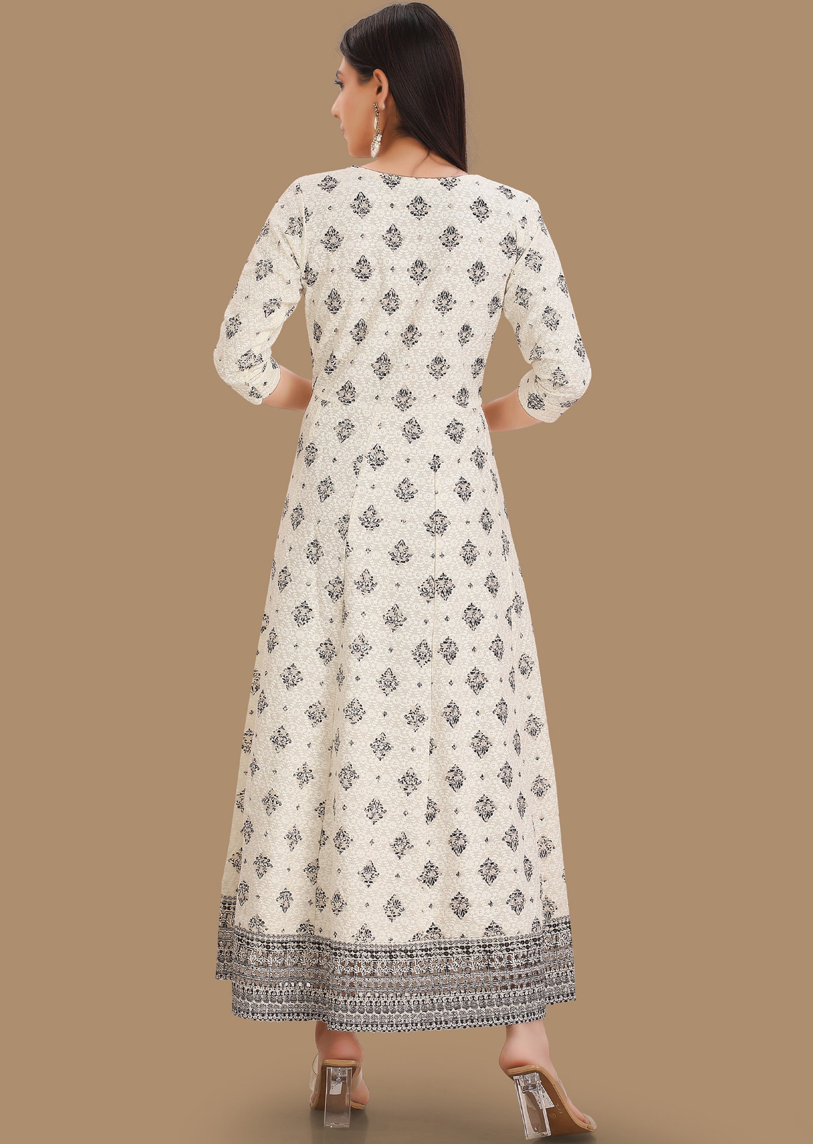 Off White & Black Chicken Reyon Kurti Full Length