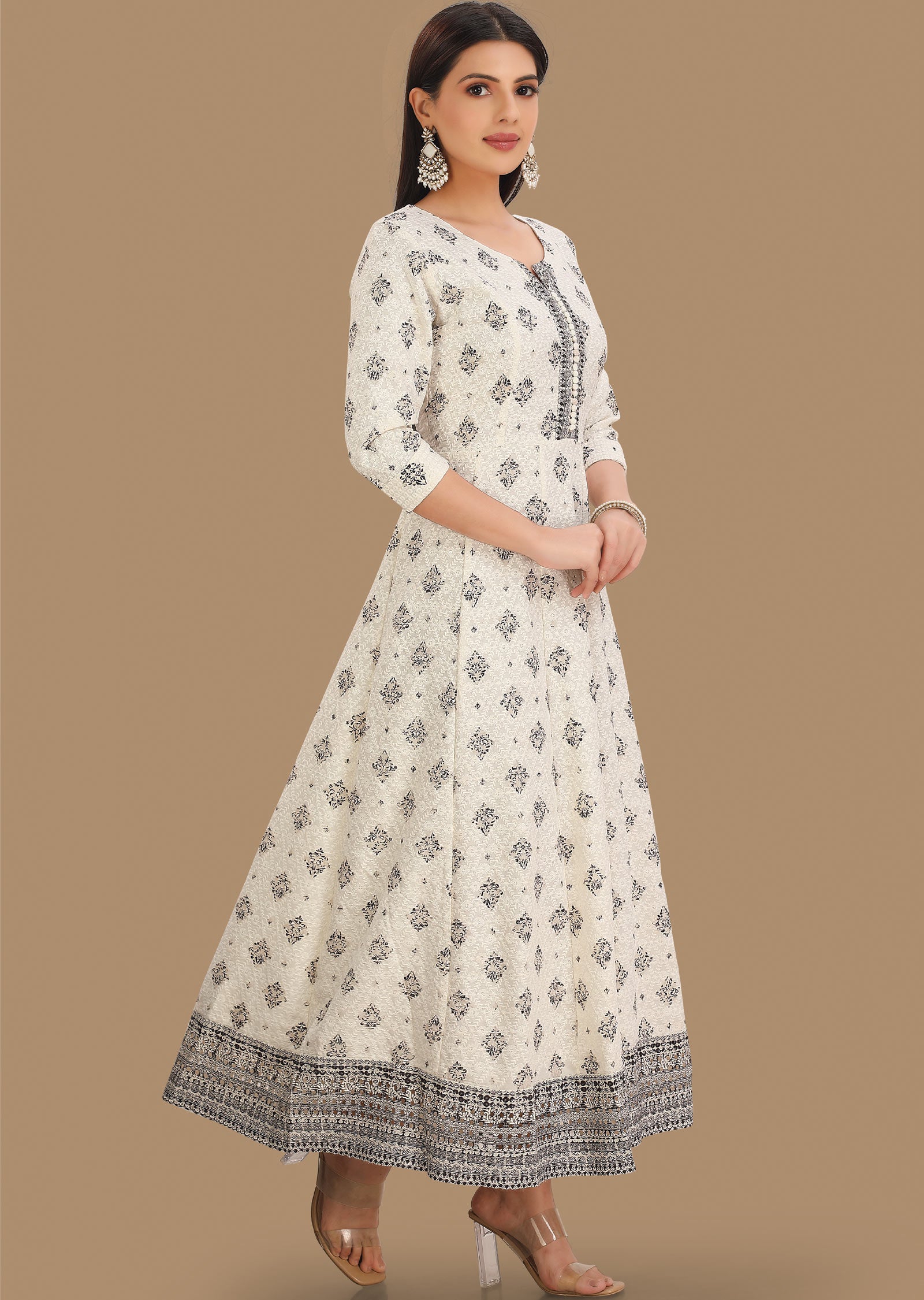 Off White & Black Chikankari Reyon Kurti Full Length