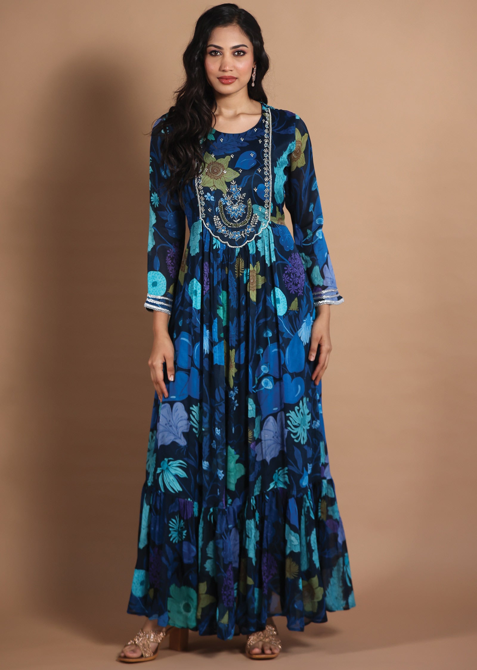 Navy Blue Chinnon Kurtis Full Length