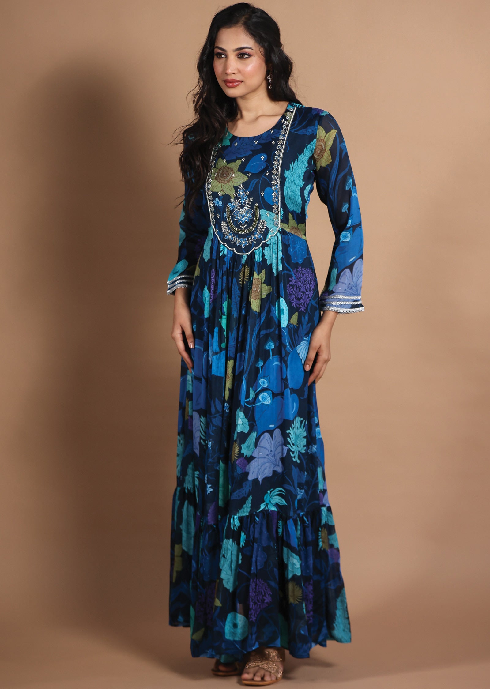 Navy Blue Chinnon Kurtis Full Length