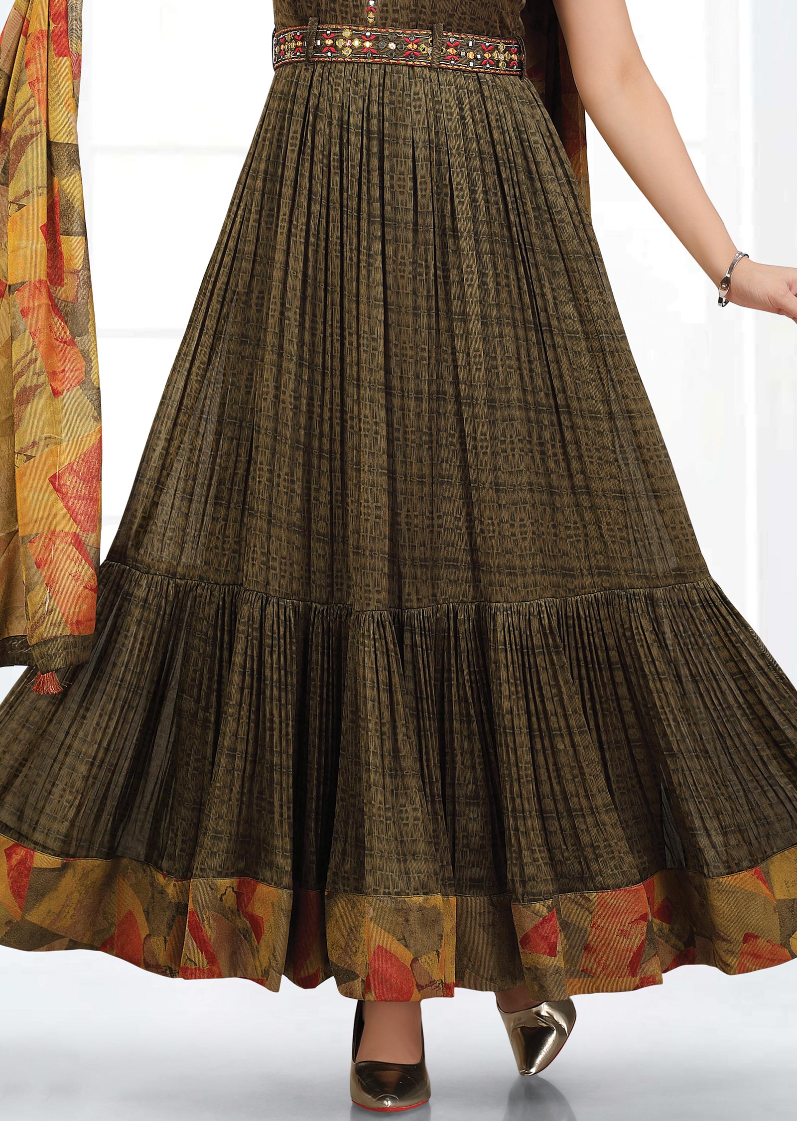 Olive Green Chiffon Kurti Full Length