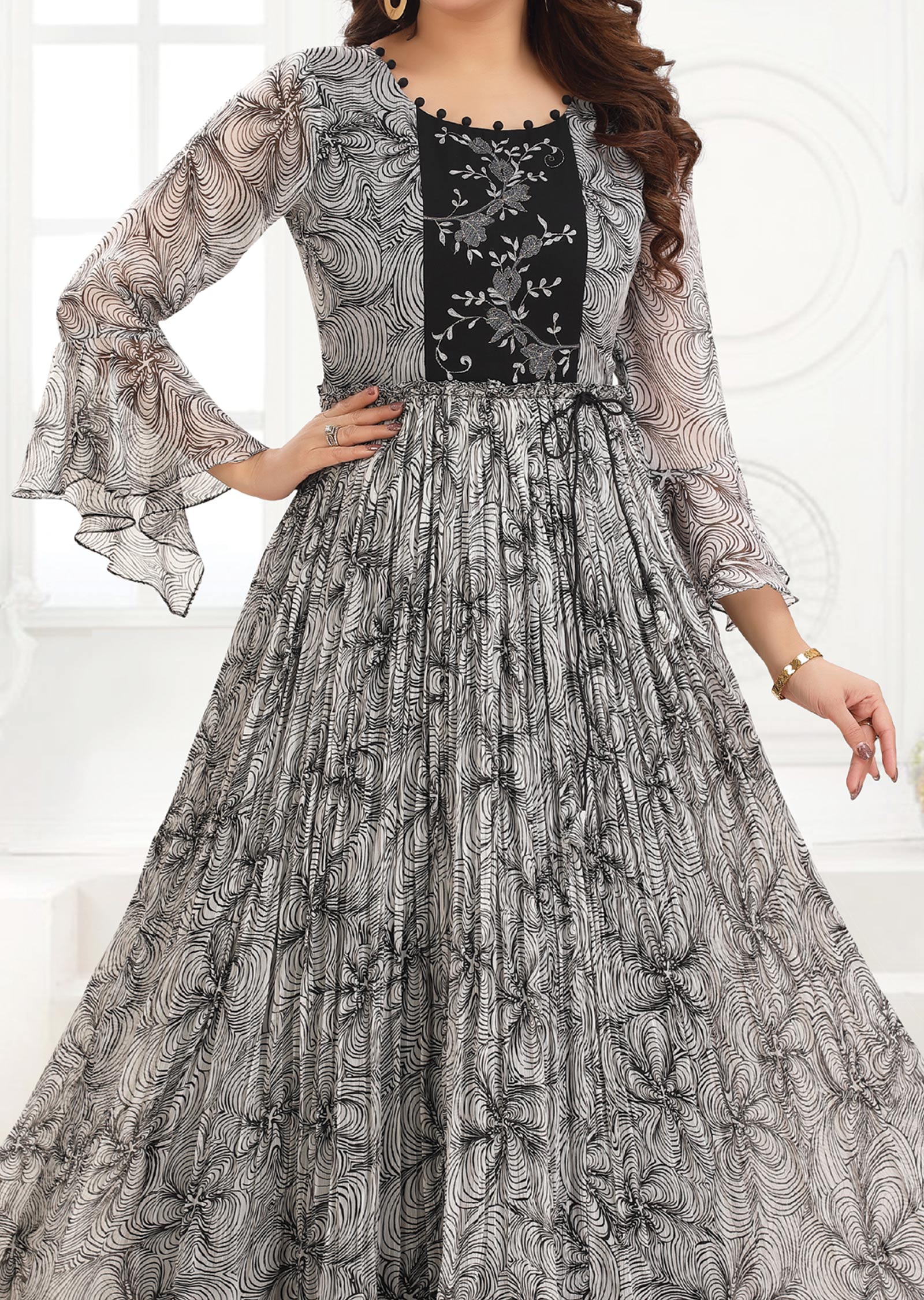 Black & White Chiffon Kurti Full Length