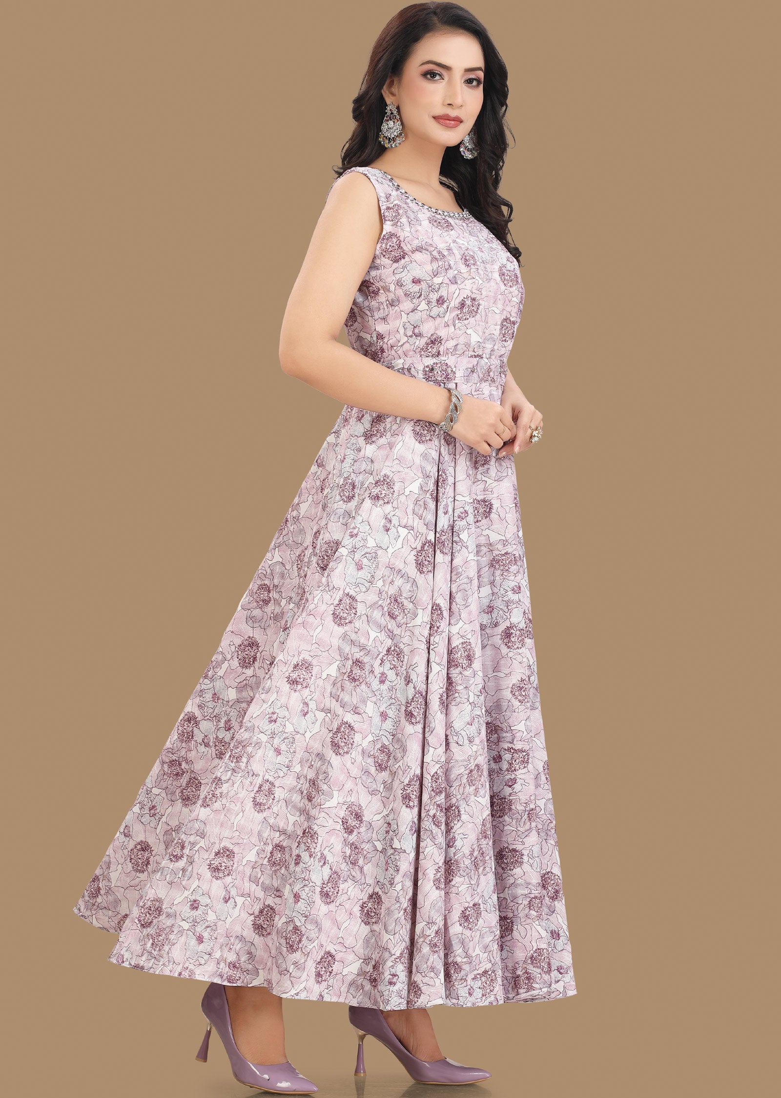 Off White & Purple Georgette Kurti Full Length