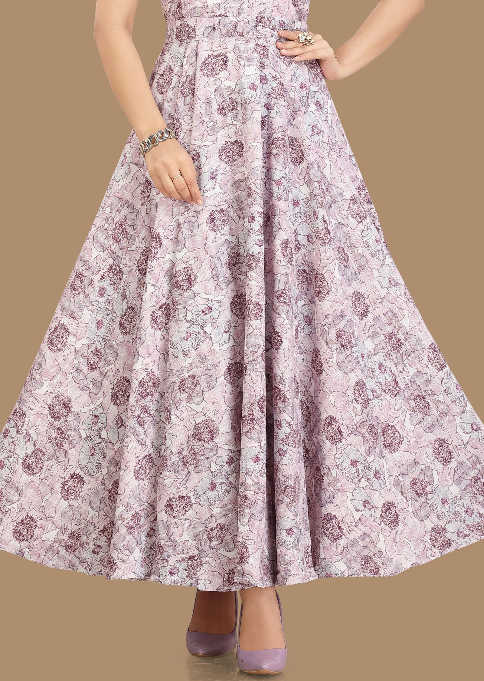 Off White & Purple Georgette Kurti Full Length