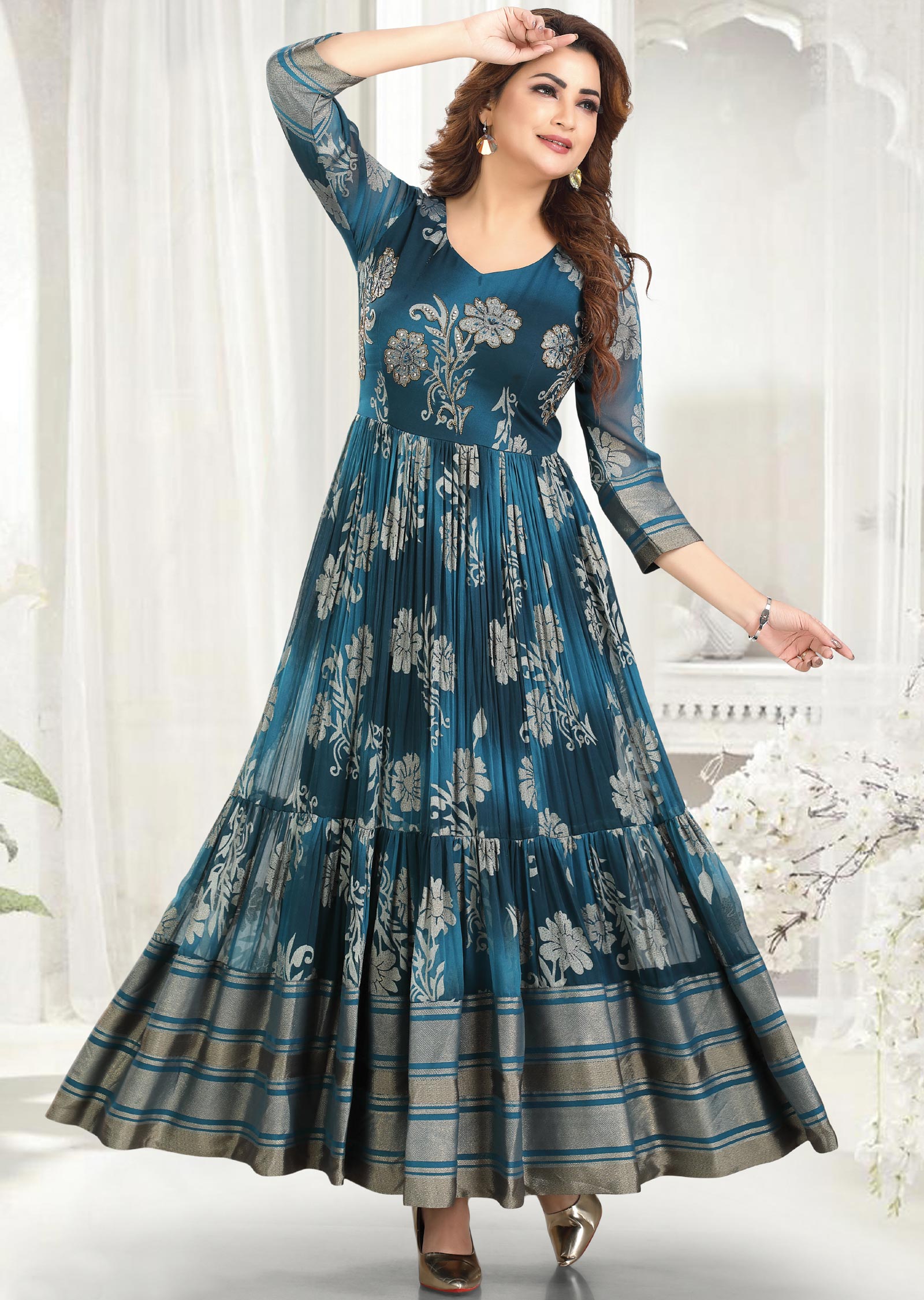 Peacock Blue Brasso Chiffon Kurti Full Length