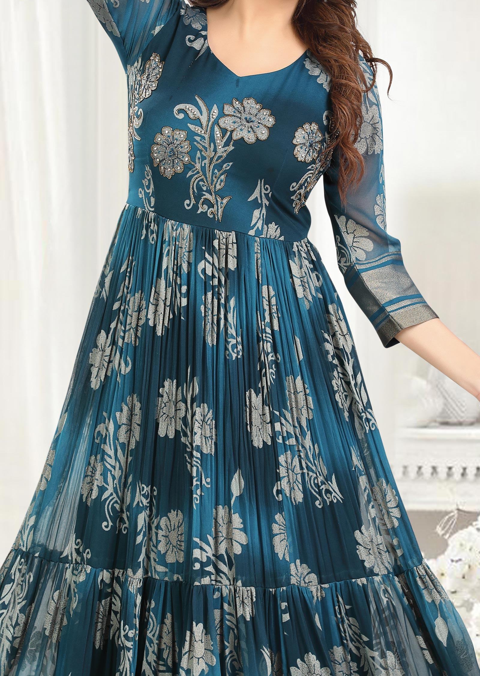 Peacock Blue Brasso Chiffon Kurti Full Length