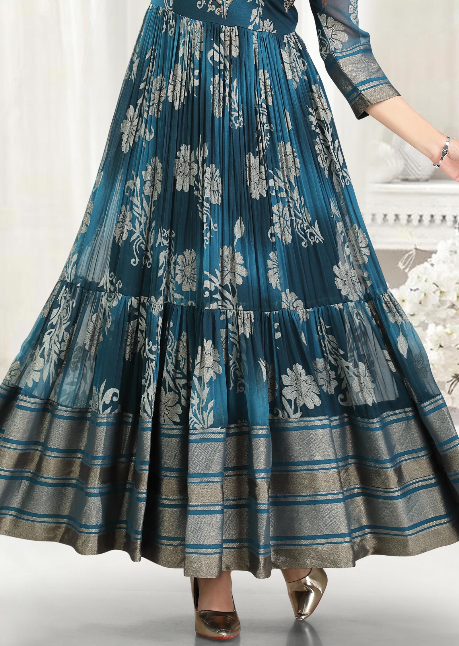 Peacock Blue Brasso Chiffon Kurti Full Length