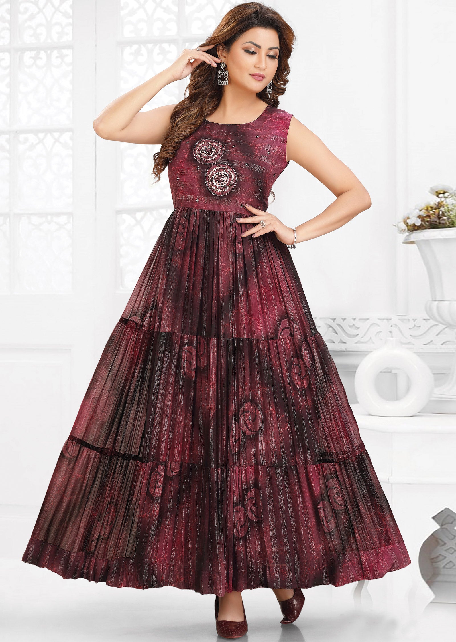 Wine Shimmer Chiffon Kurti Full Length