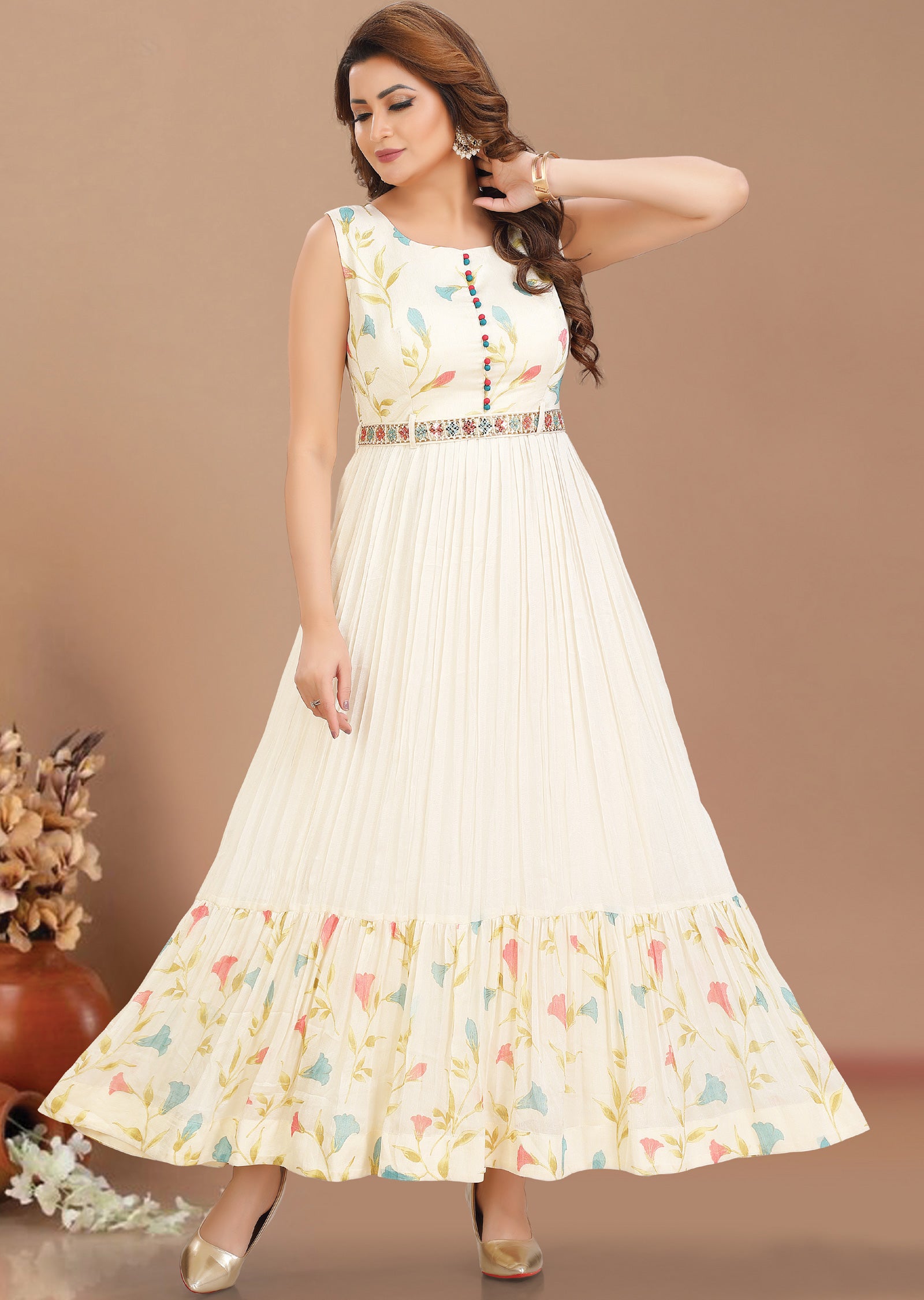 Cream Chiffon Kurti Full Length