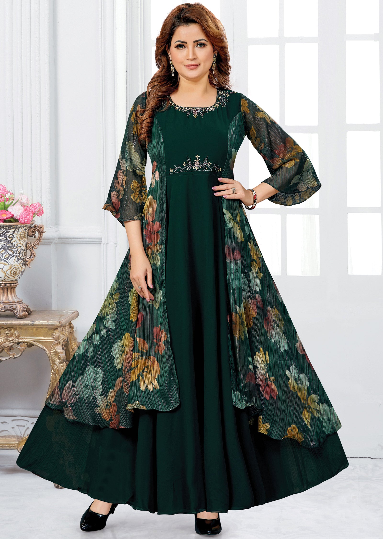 Bottle Green Georgette Kurti Full Length