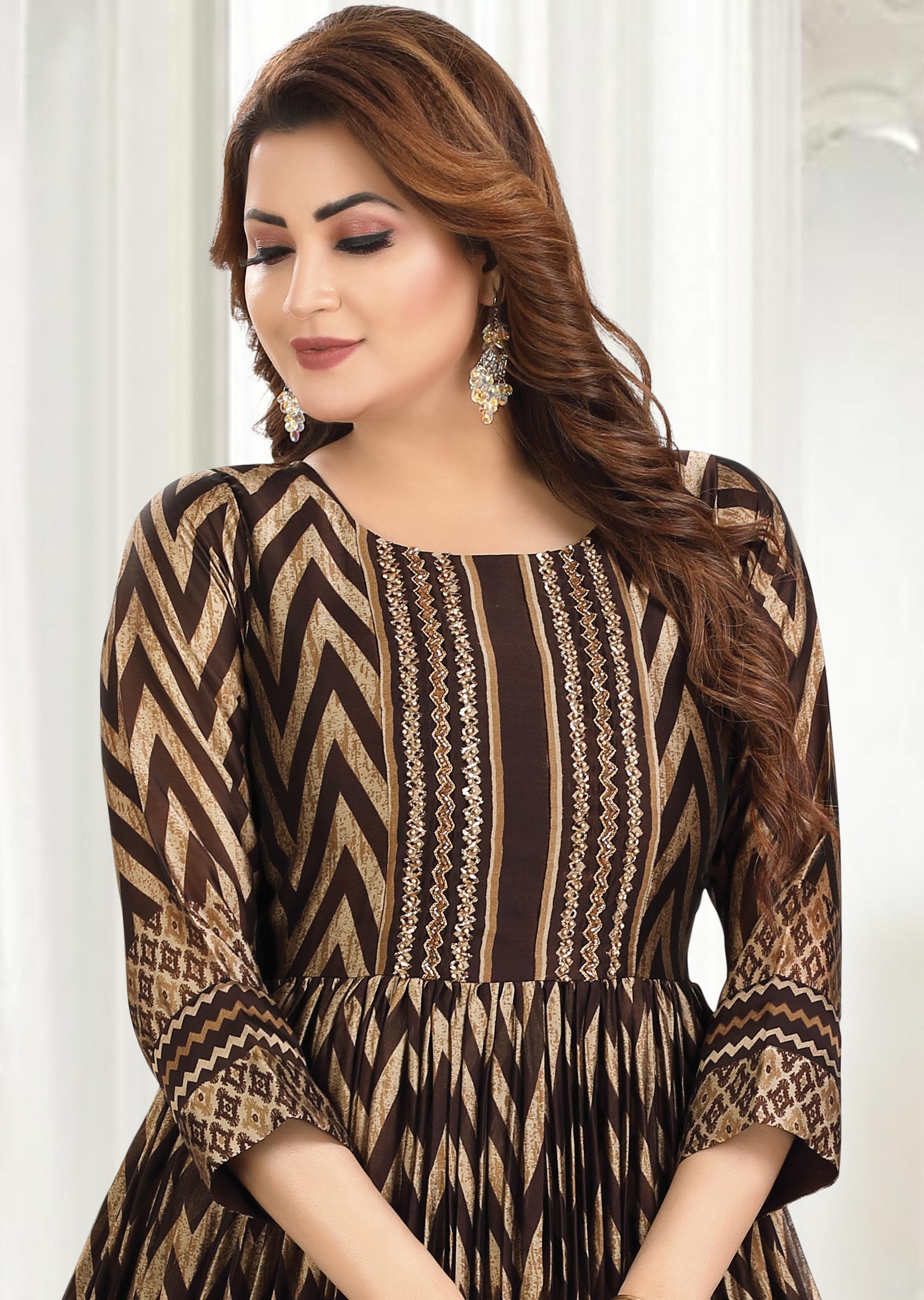 Brown Chinnon Kurti Full Length