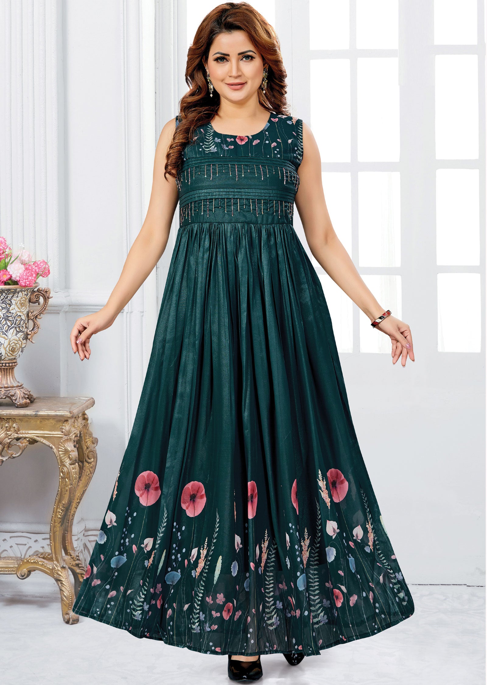 Green Tissue Georgette Kurti Full Length