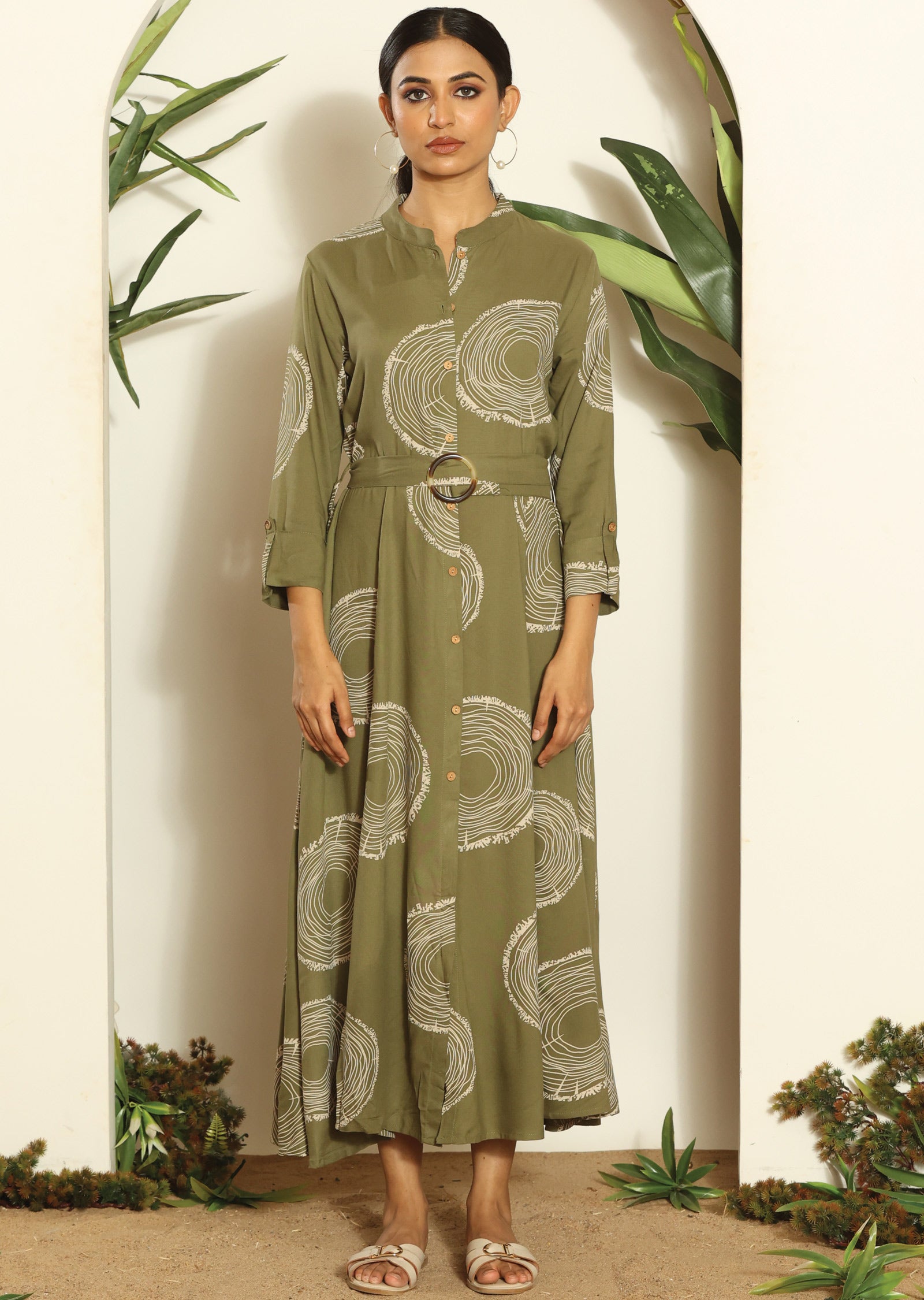 Mehendi Green & Beige Russian Silk Full Length Dress