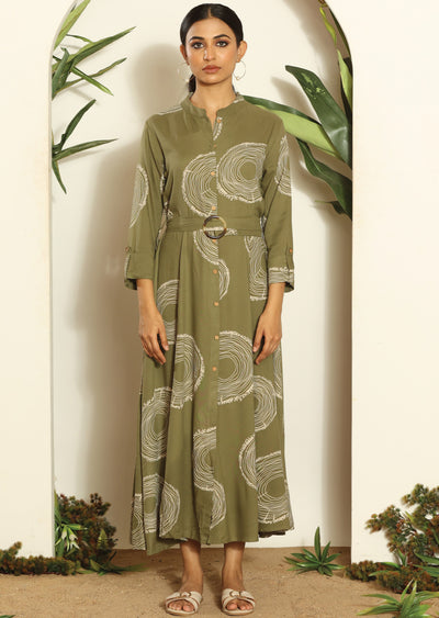 Mehendi Green & Beige Russian Silk Full Length Dress