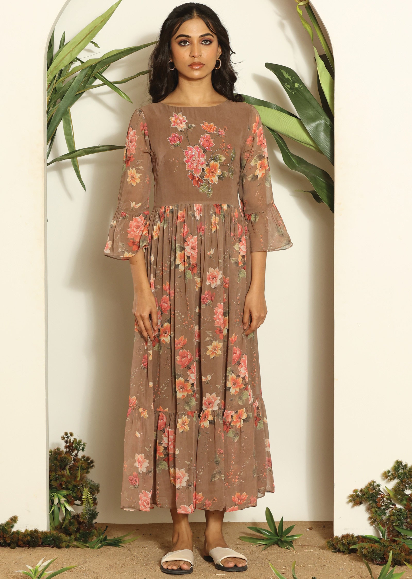 Brown Georgette Full Length Dress