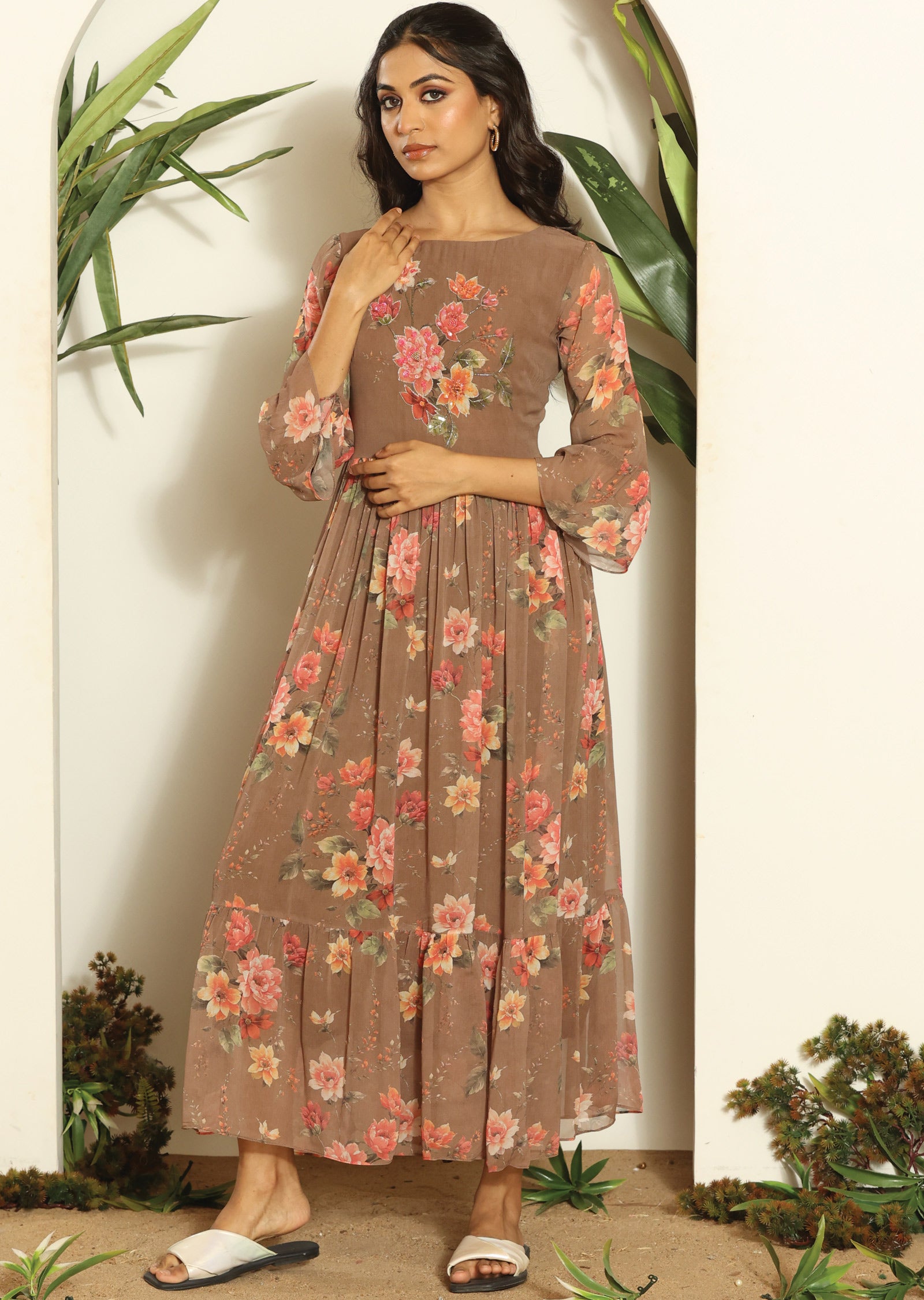 Brown Georgette Full Length Dress