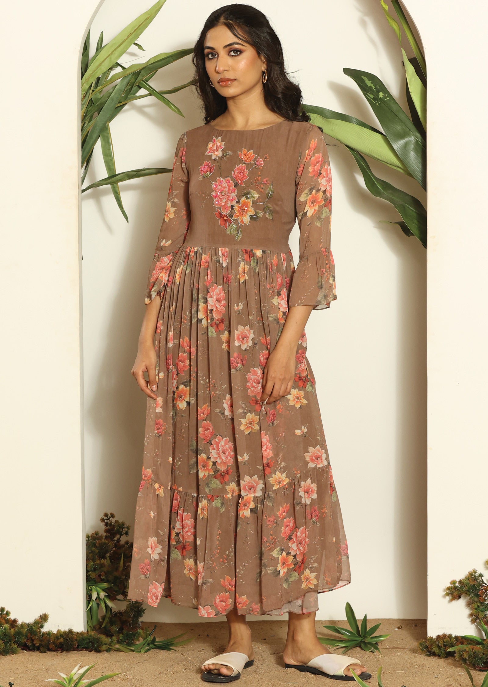 Brown Georgette Full Length Dress