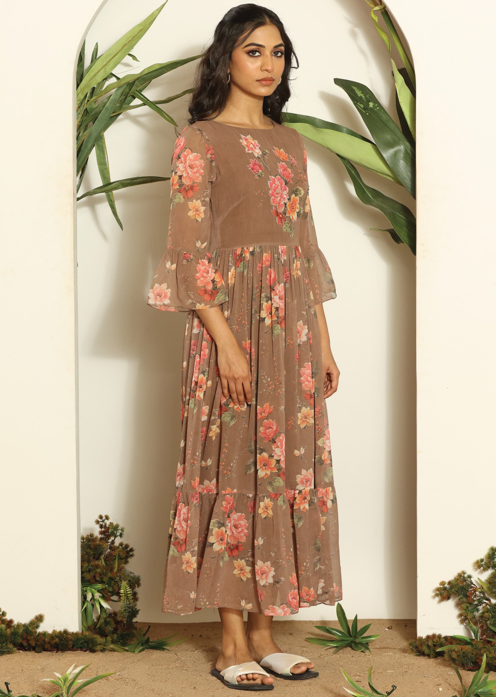 Brown Georgette Full Length Dress