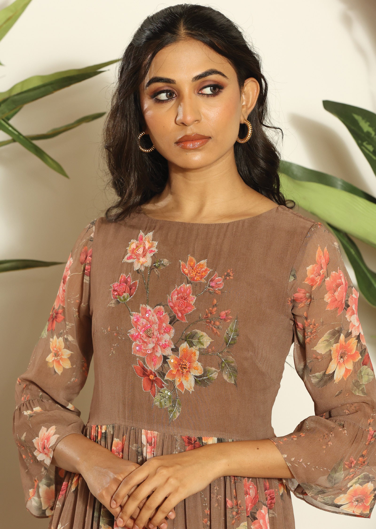 Brown Georgette Full Length Dress