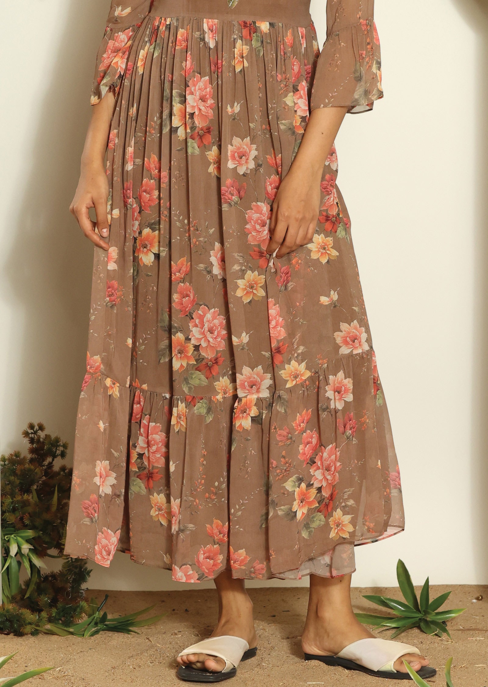 Brown Georgette Full Length Dress