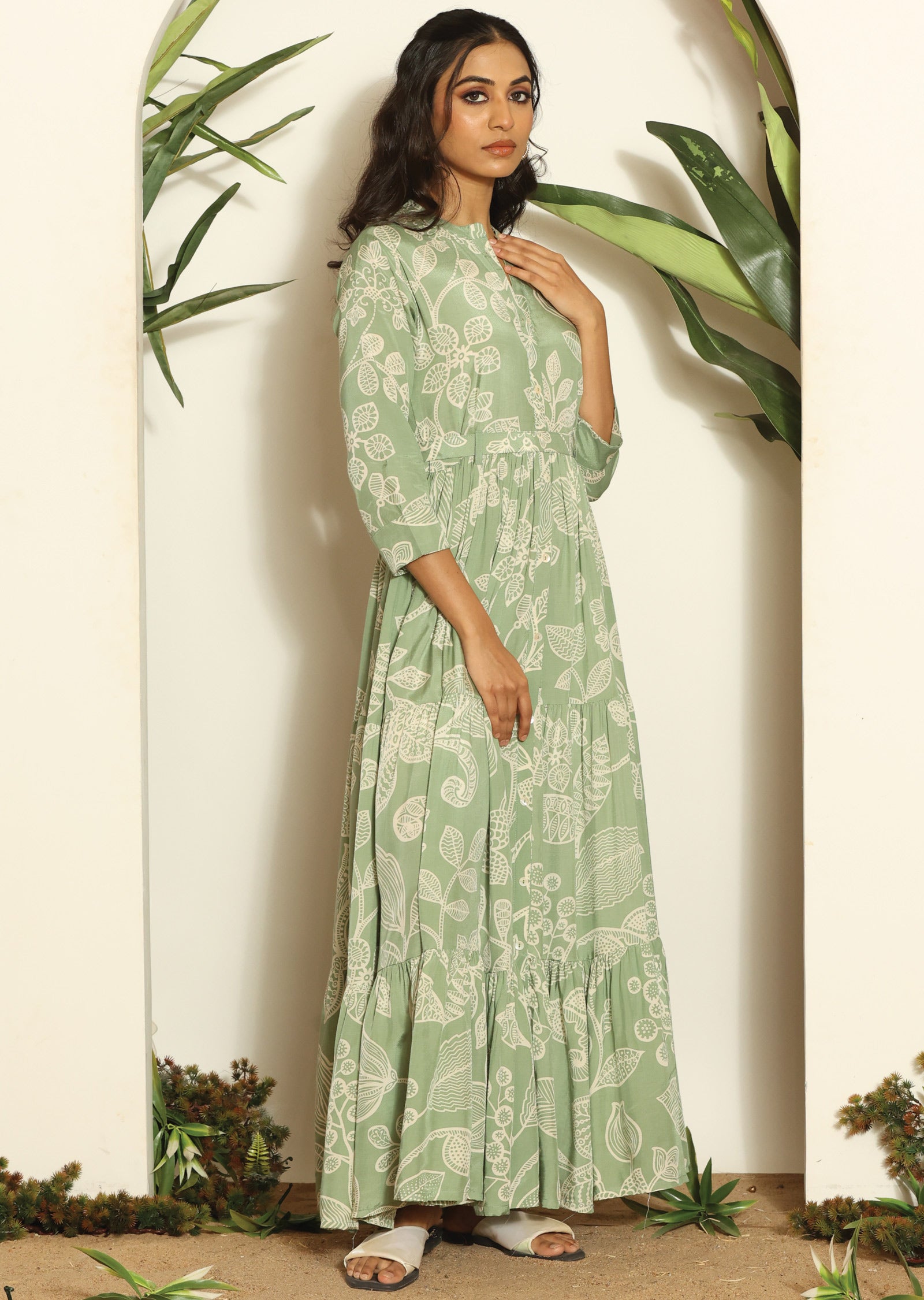 Pista Green Russian Silk Full Length Dress