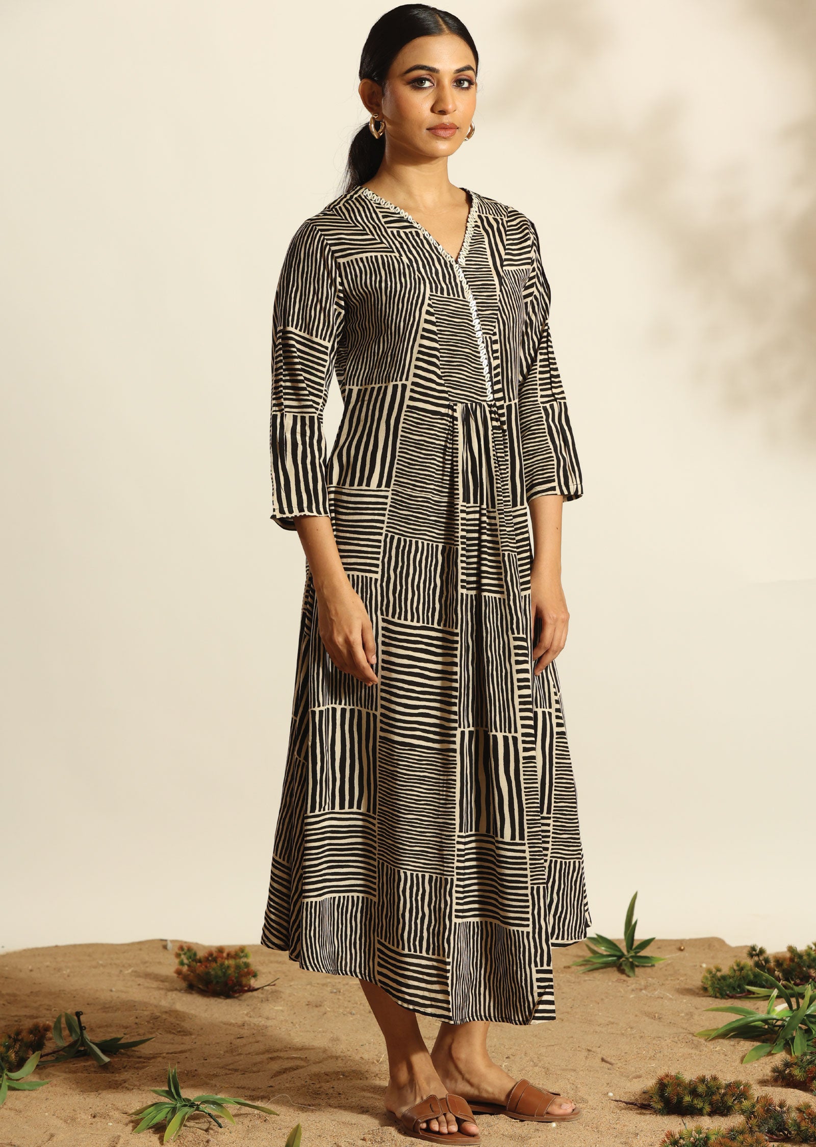 Black & Beige Russian Silk Full Length Dress