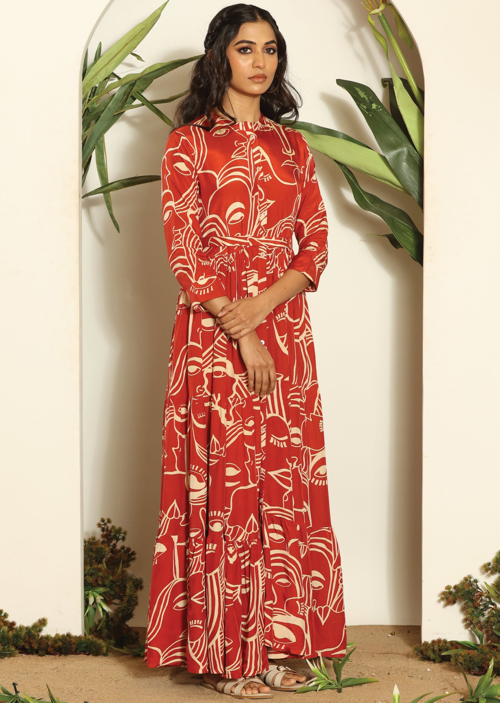 Rust & Beige Russian Silk Full Length Dress