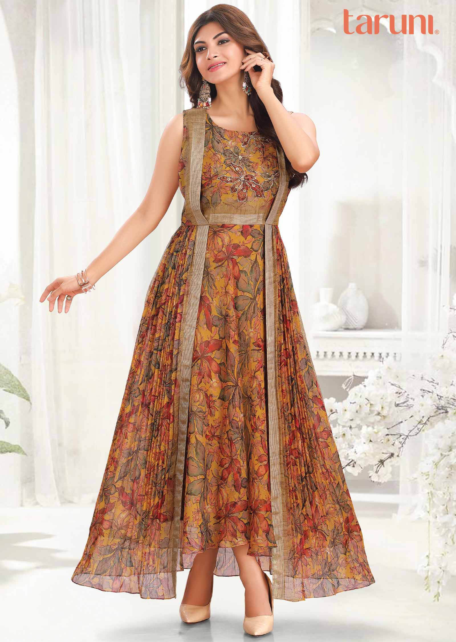 Mustard Chiffon Printed Long Dress