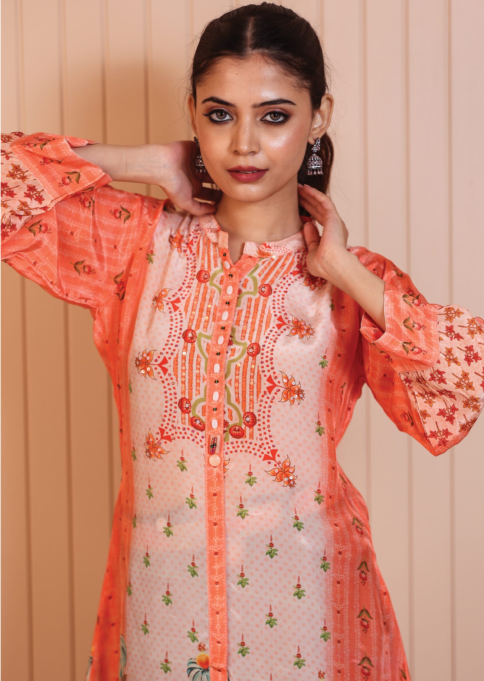 Coral & Peach Crepe Short Kurti