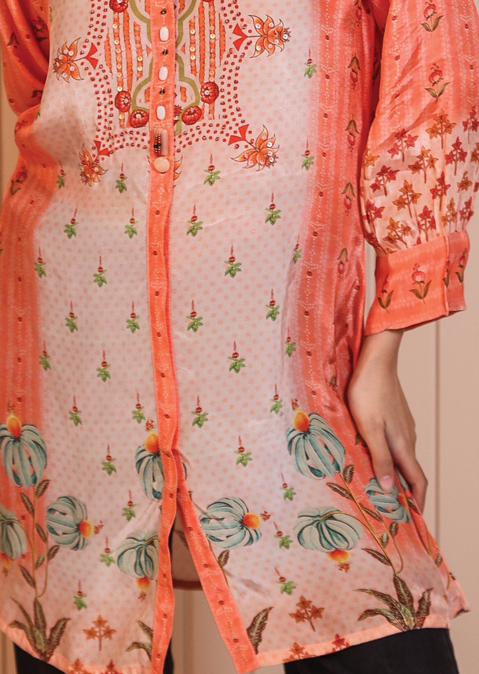 Coral & Peach Crepe Short Kurti