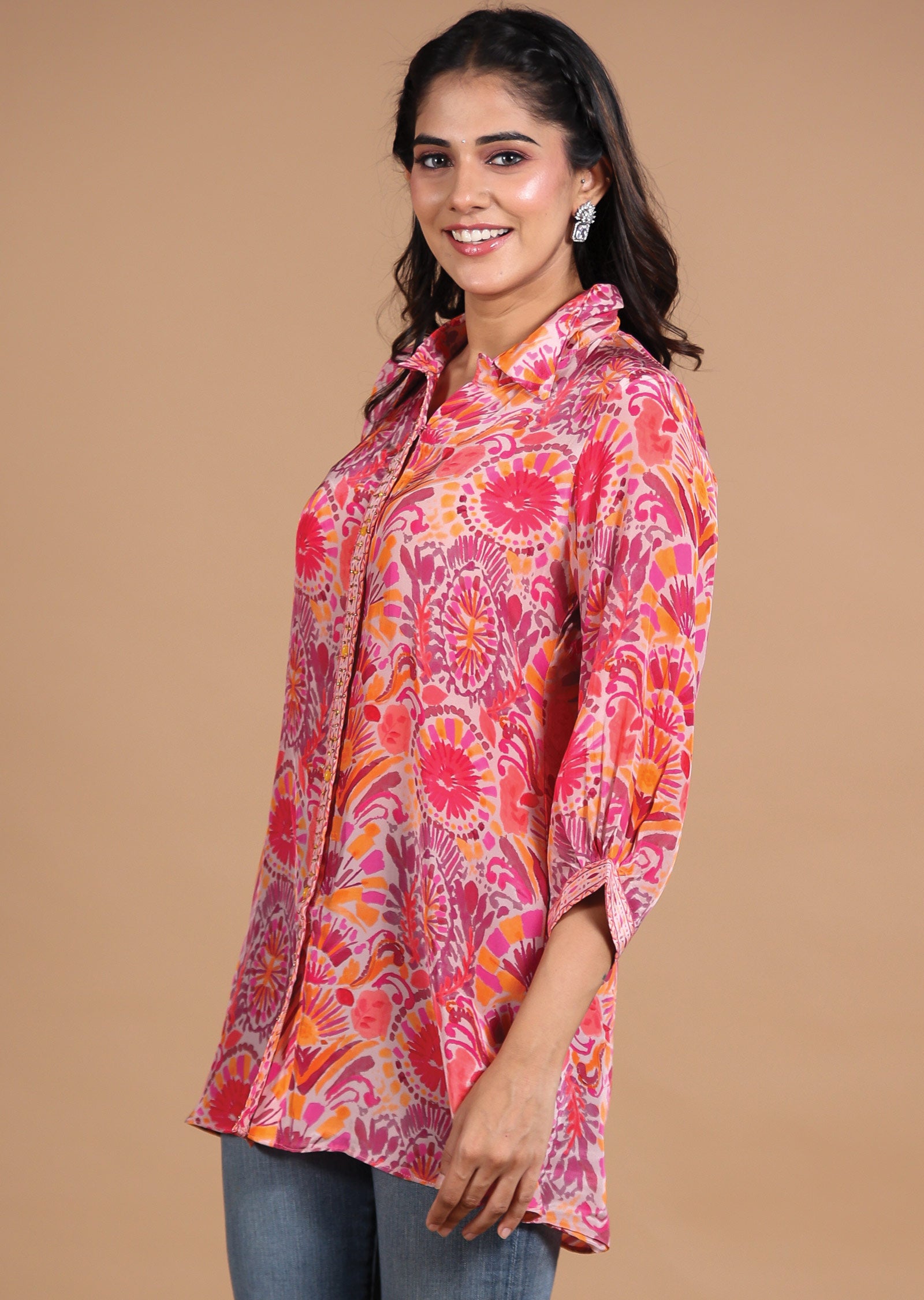 Peach & Pink Crepe Short Kurti