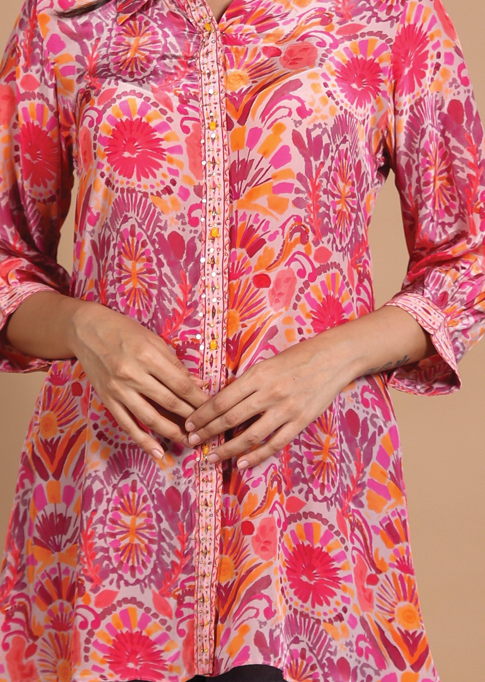 Peach & Pink Crepe Short Kurti