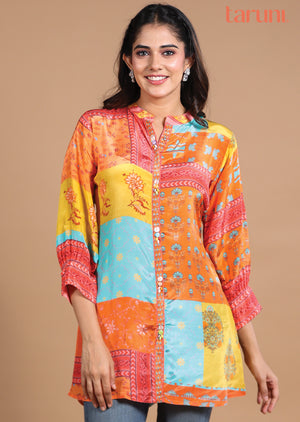 Multi Color Printed Crepe Shirt Style Short Kurti