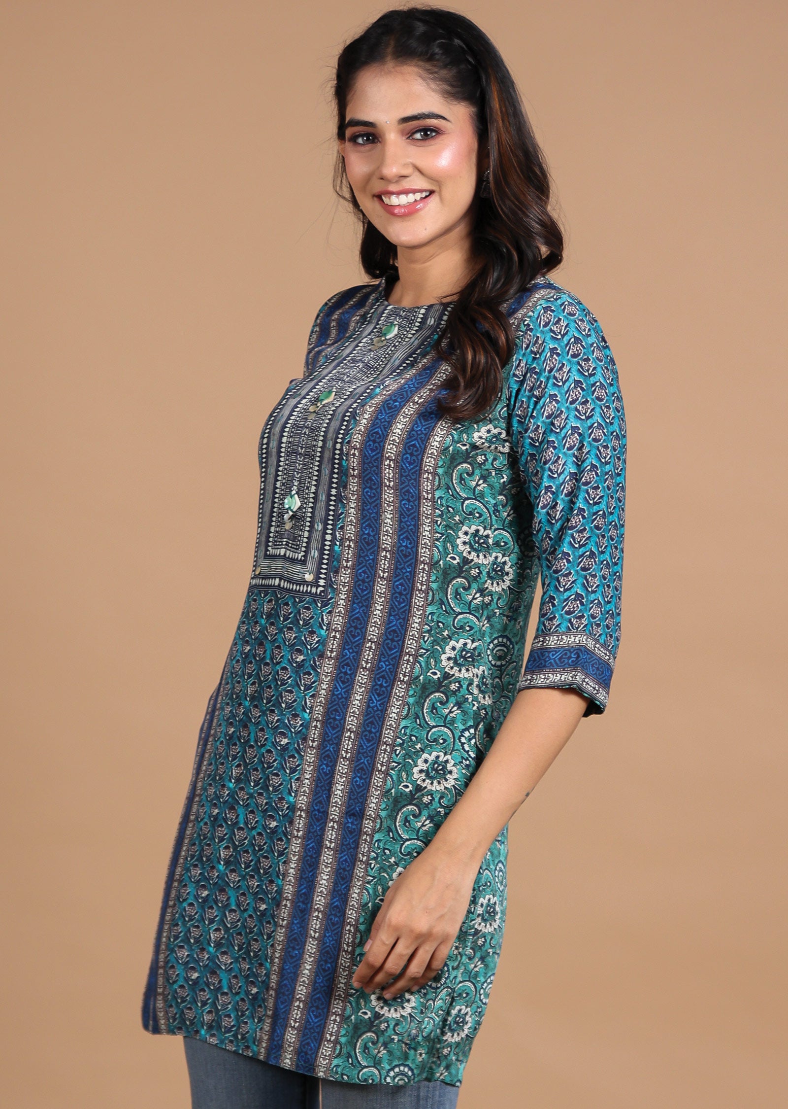 Green & Blue Printed Crepe Straight Cut Short Kurti