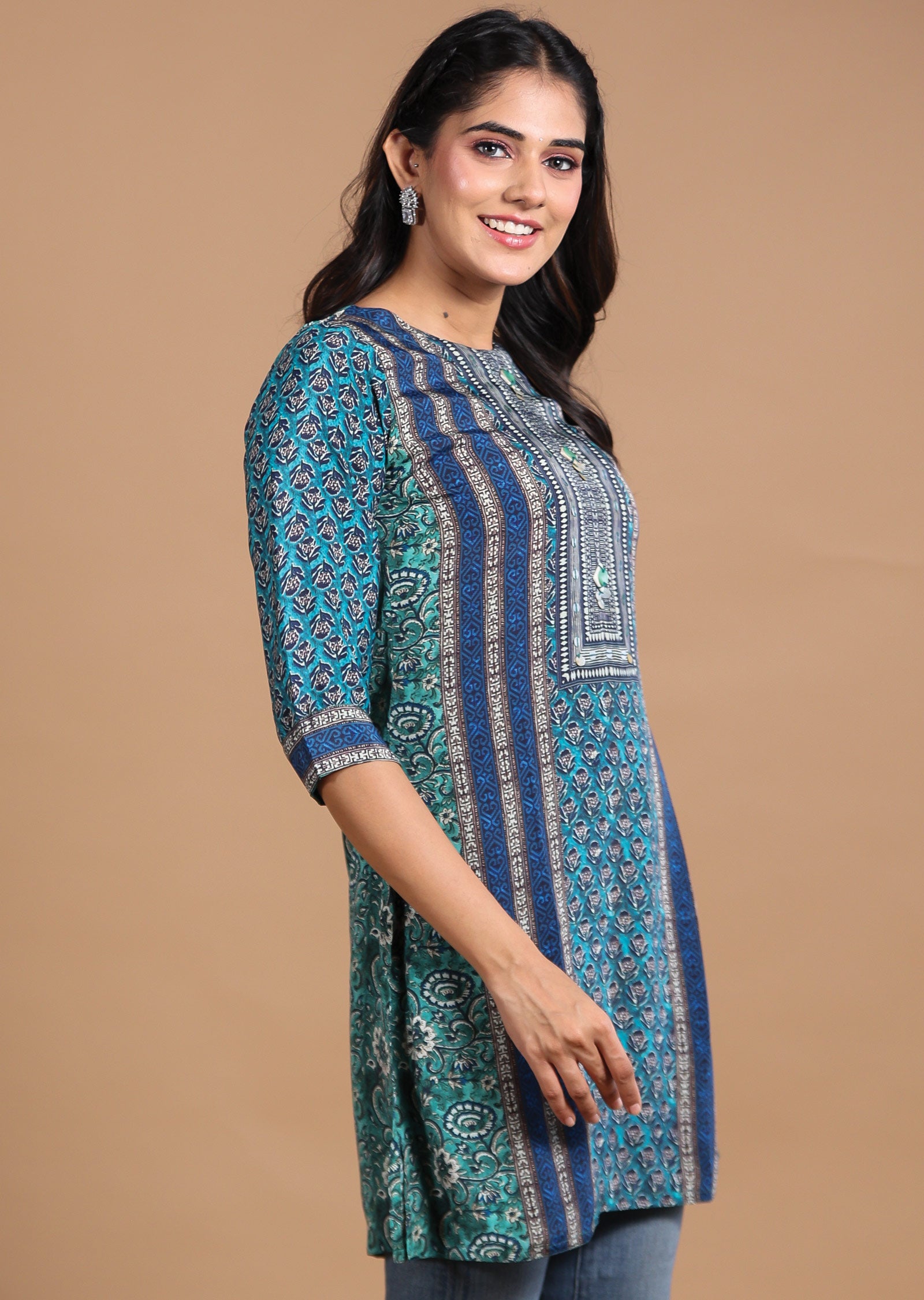 Green & Blue Printed Crepe Straight Cut Short Kurti