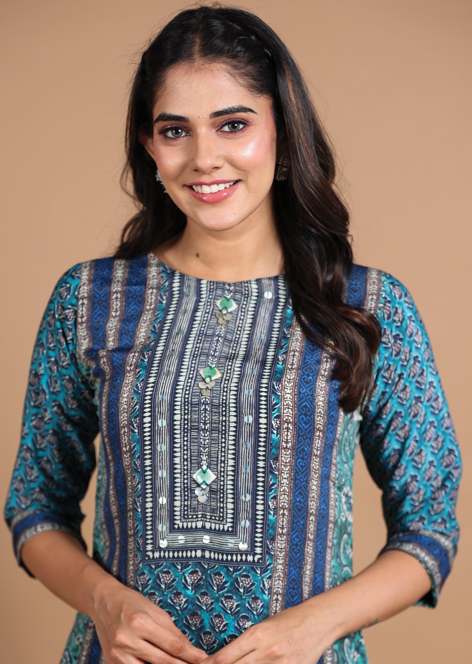 Green & Blue Printed Crepe Straight Cut Short Kurti