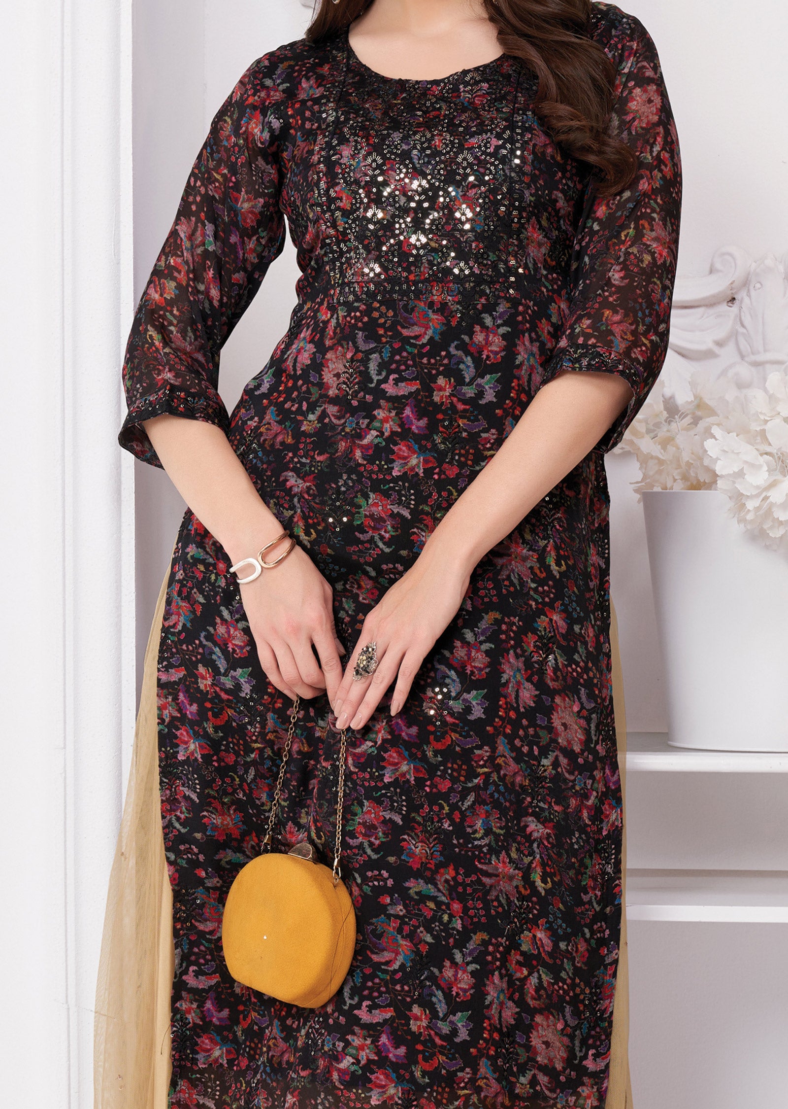 Black Chinnon Kurti Straight Cut