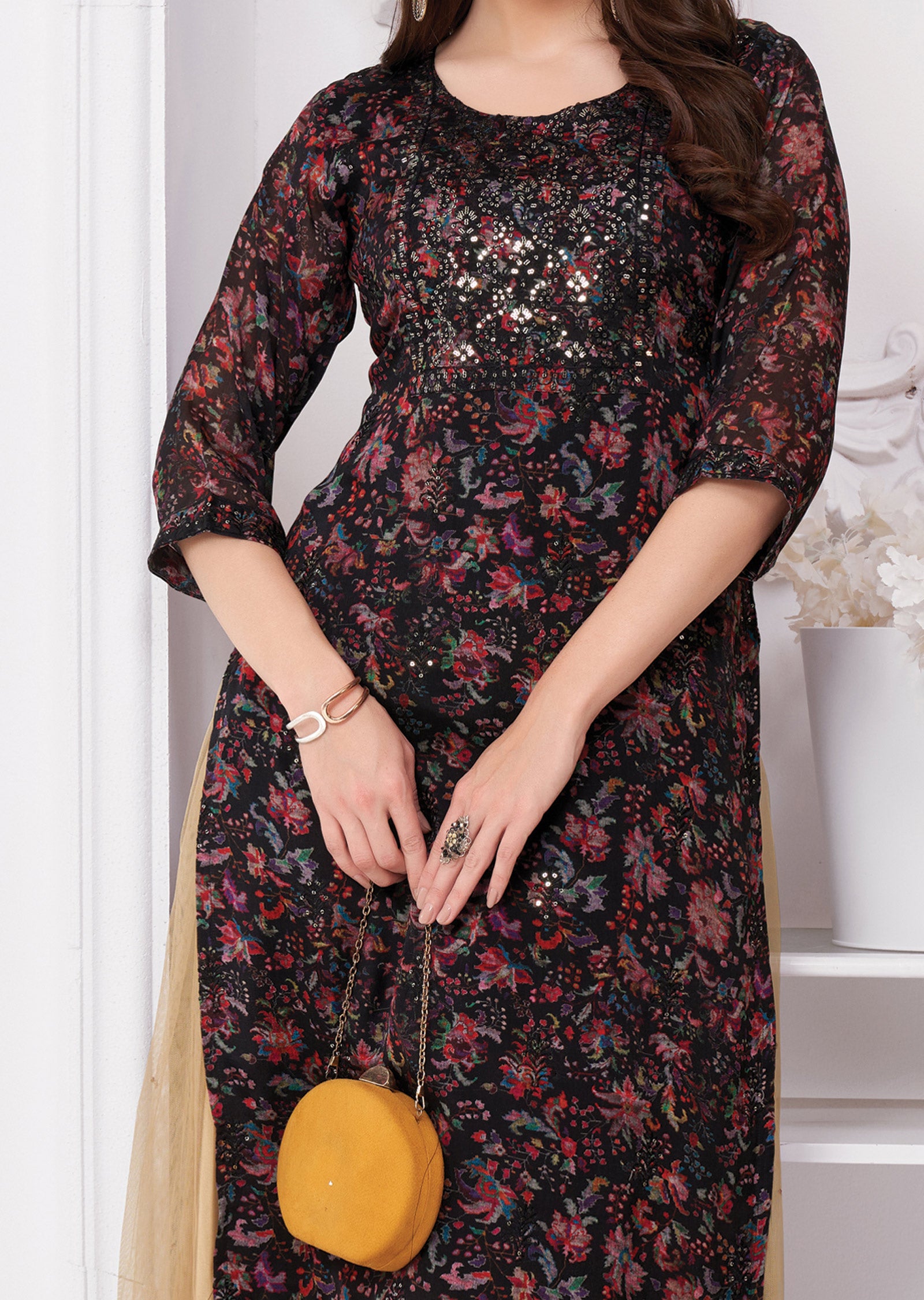 Black Chinnon Kurti Straight Cut