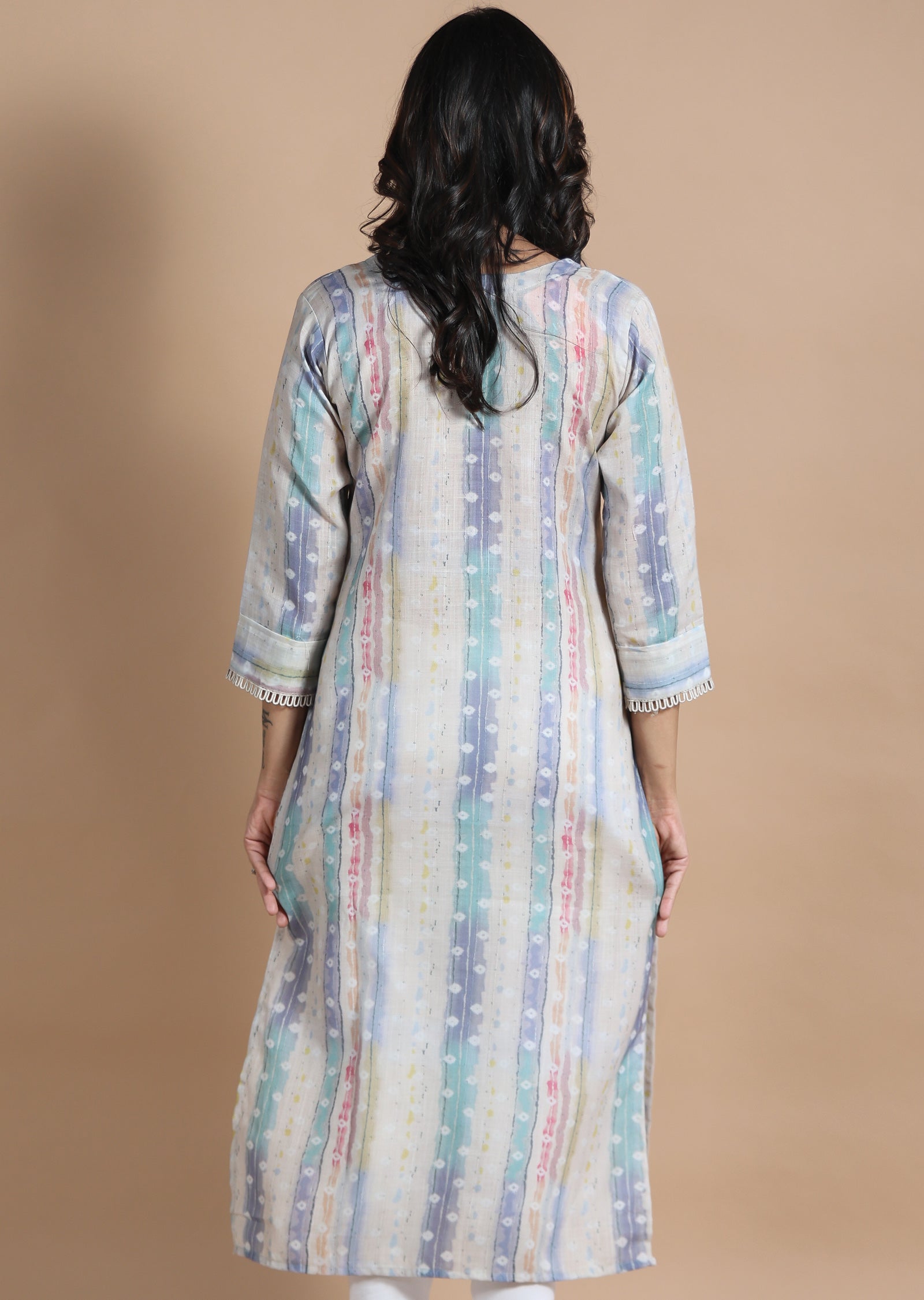 Beige & Multi Linen Cotton Kurti Straight Cut