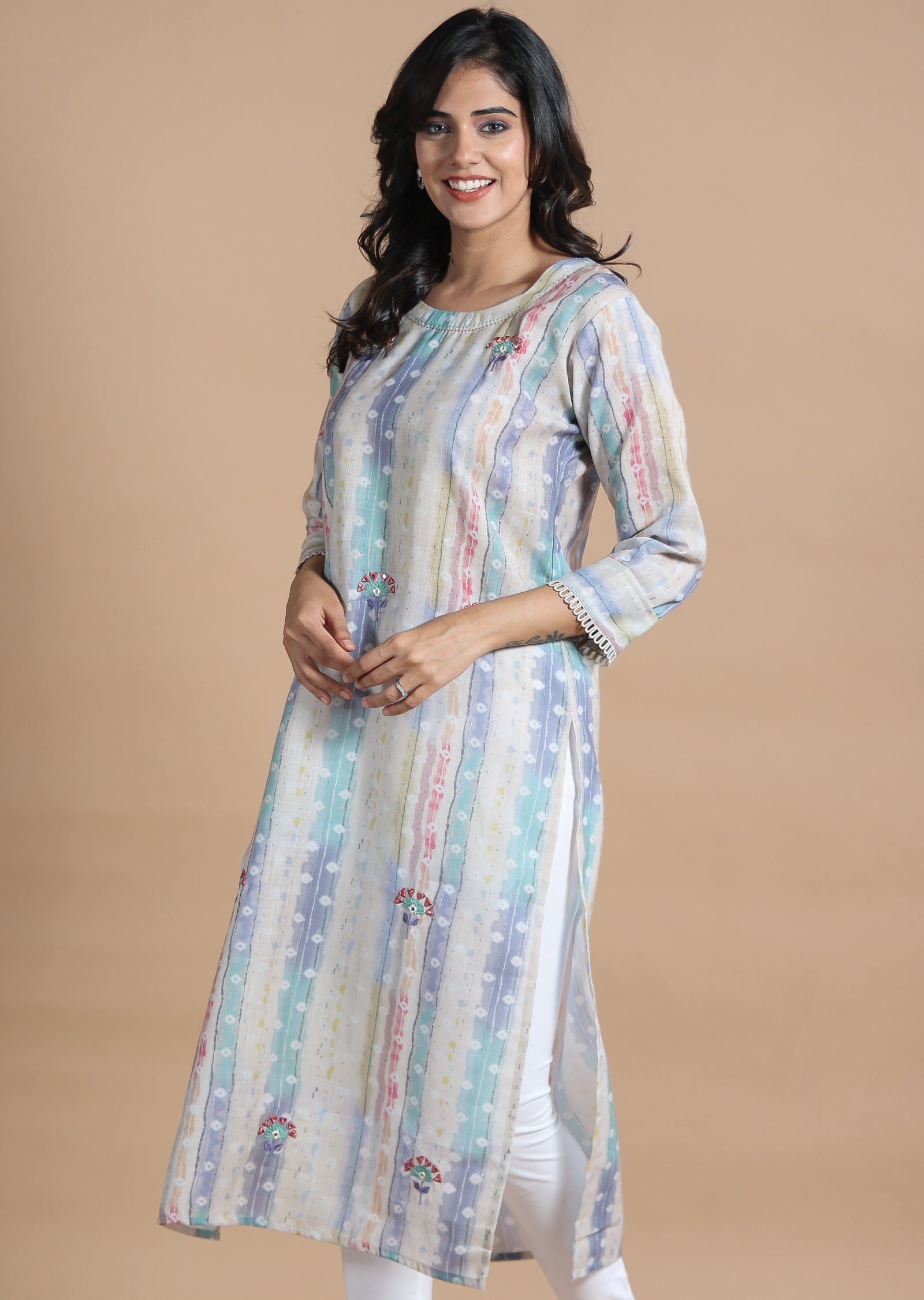 Beige & Multi Linen Cotton Kurti Straight Cut