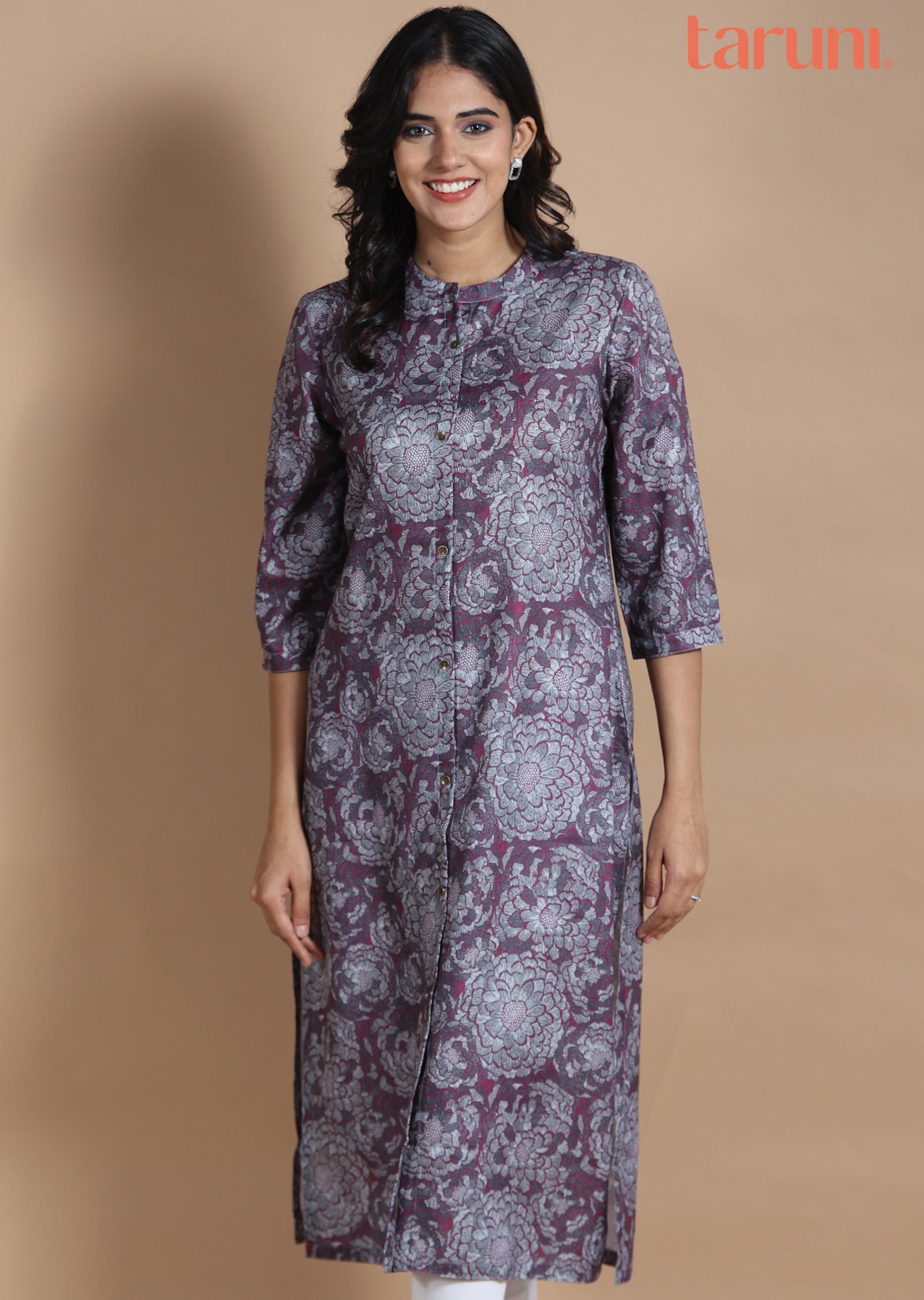 Magenta & Grey Cotton Kurti Straight Cut