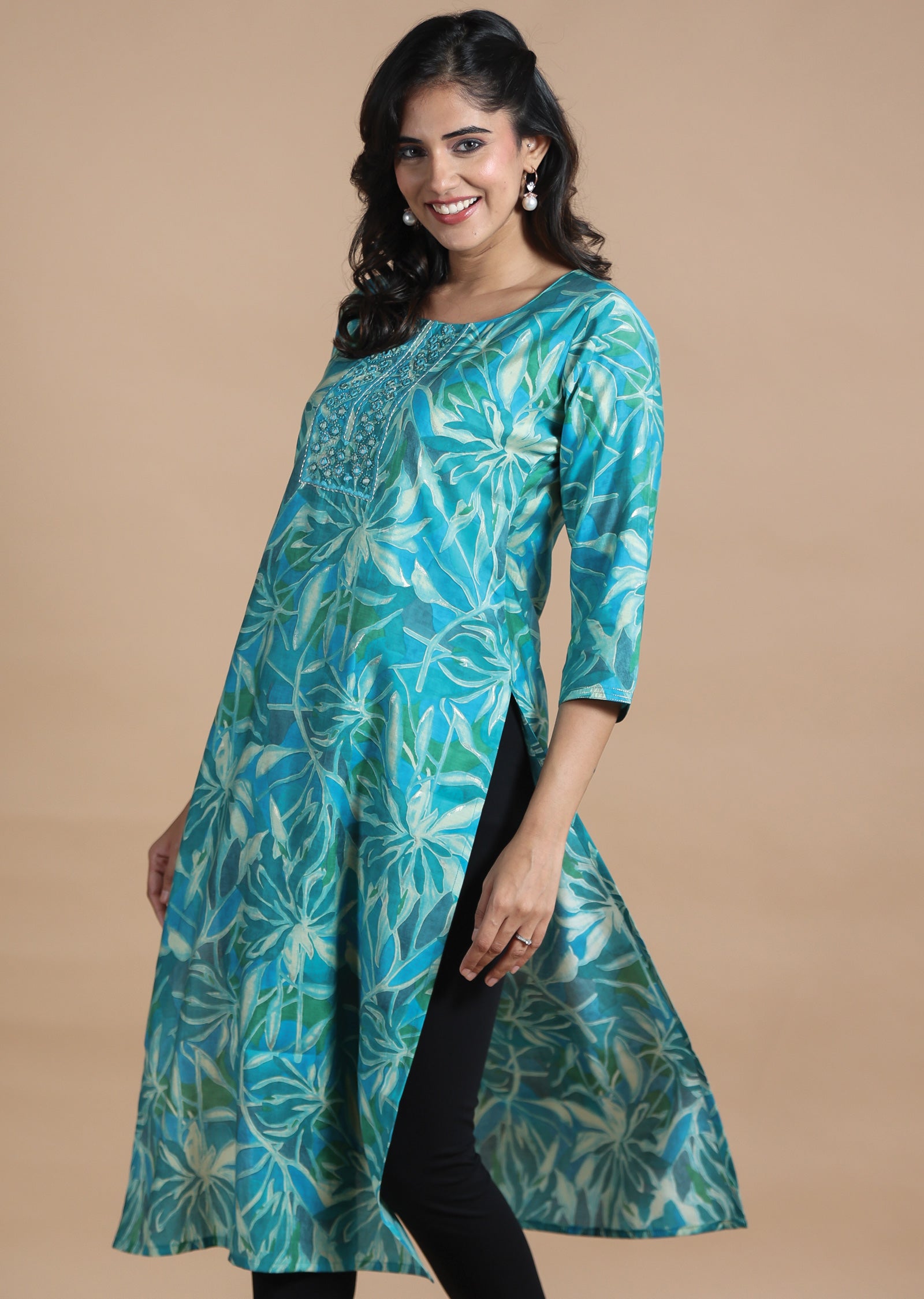 Blue Muslin Kurti Straight Cut