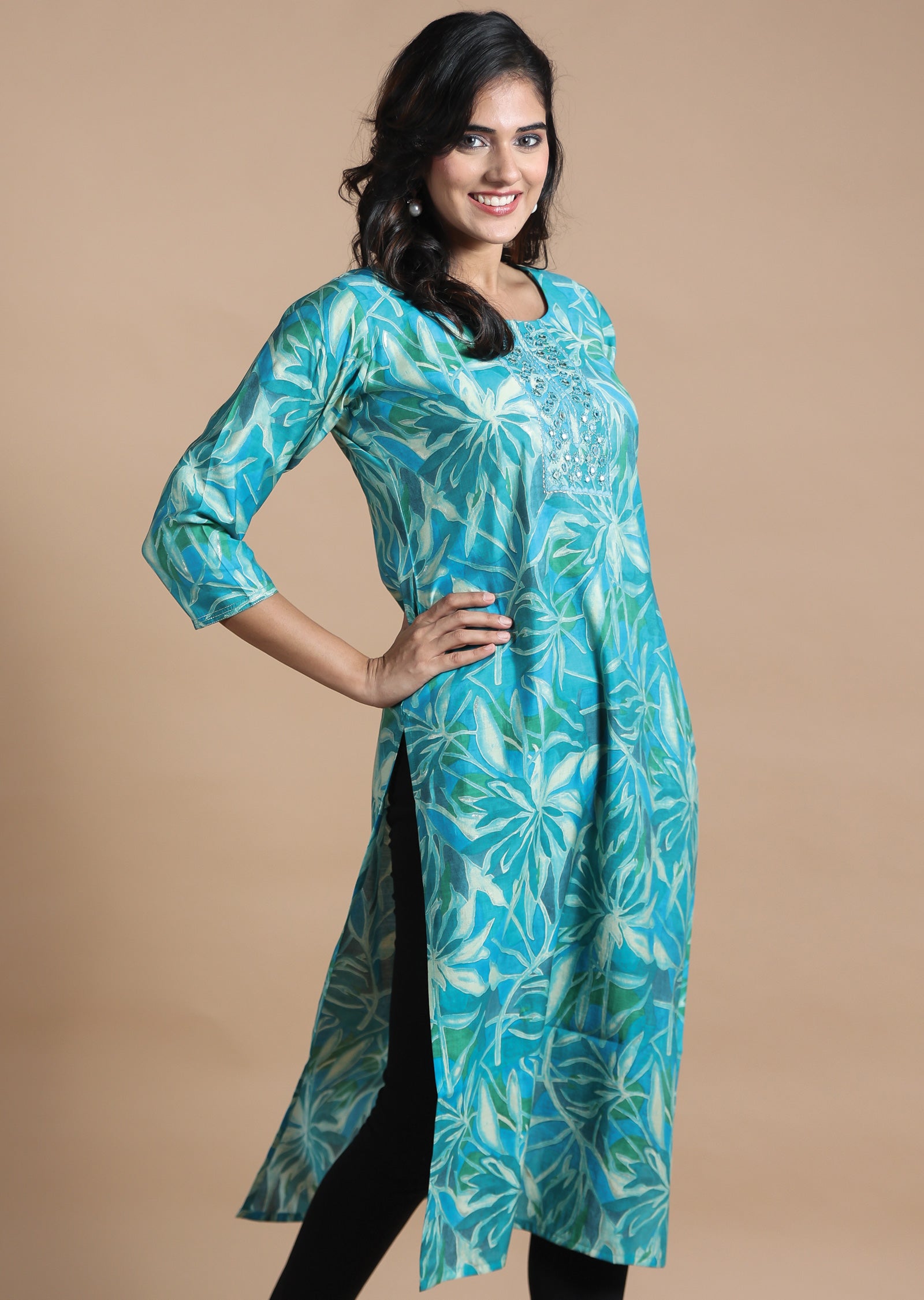 Blue Muslin Kurti Straight Cut