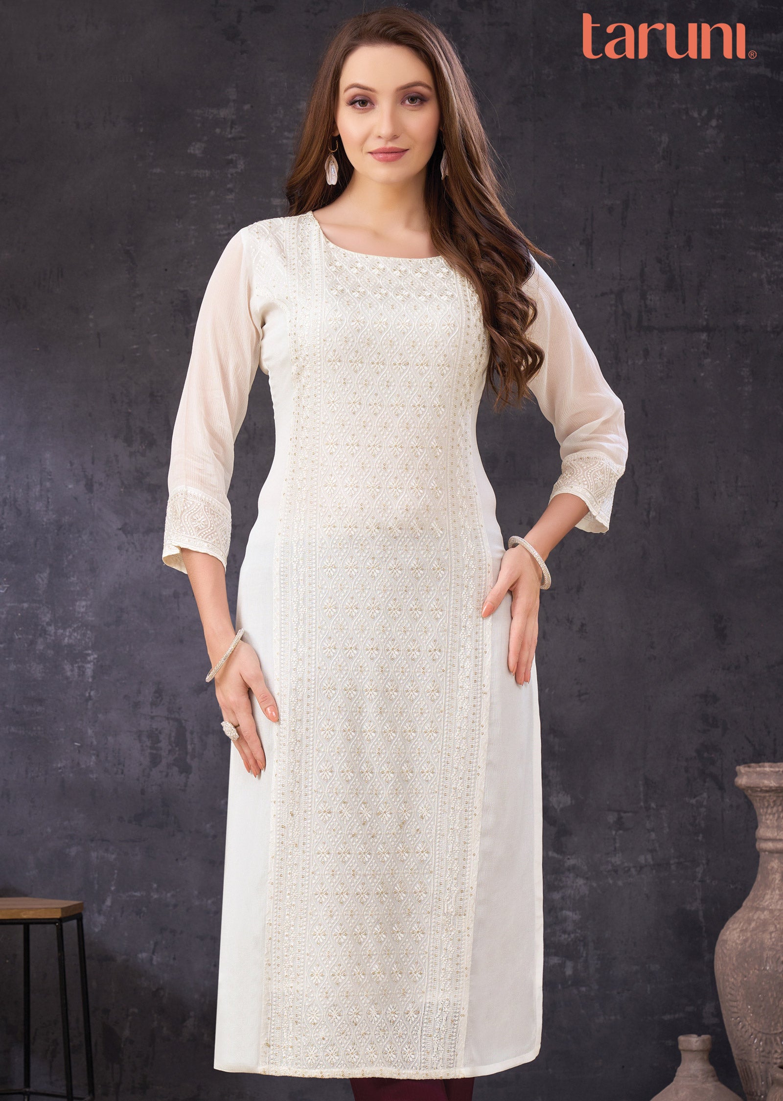 Off-White Chinnon Straight Cut Kurti with Lucknowi Work